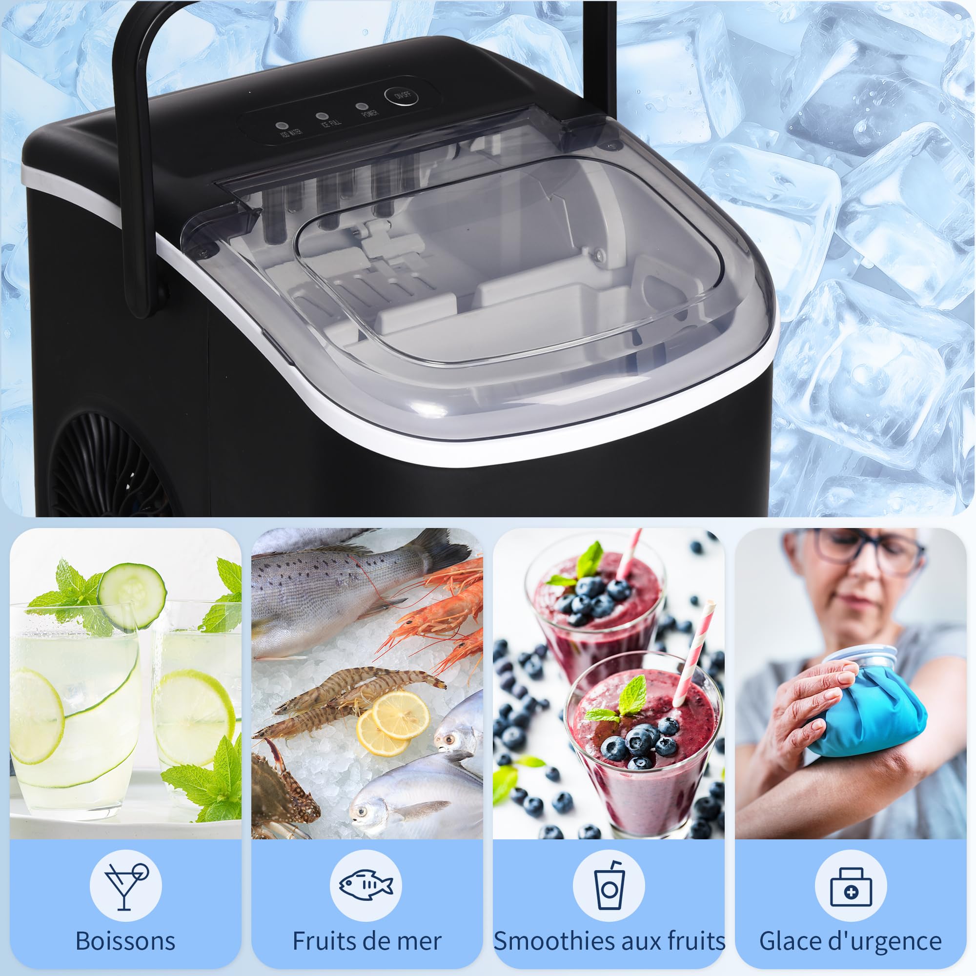 HOMCOM Machine à glaçons 12kg en 24h, 9 Glaçons en 6-12 Minutes, Noir | Ice Maker Portable avec Poignée, Panier et Pell, pour Maison, Cuisine, Bureau, Bar