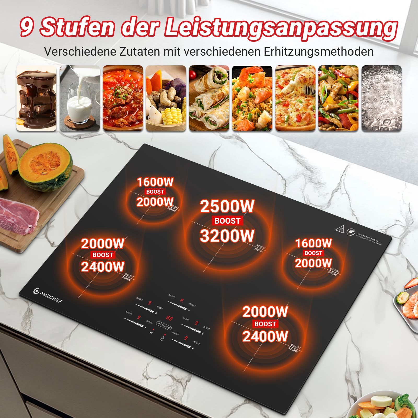 AMZCHEF Induktionskochfeld 80cm, 5 Zonen, 9500W, Booster, Slider-Steuerung