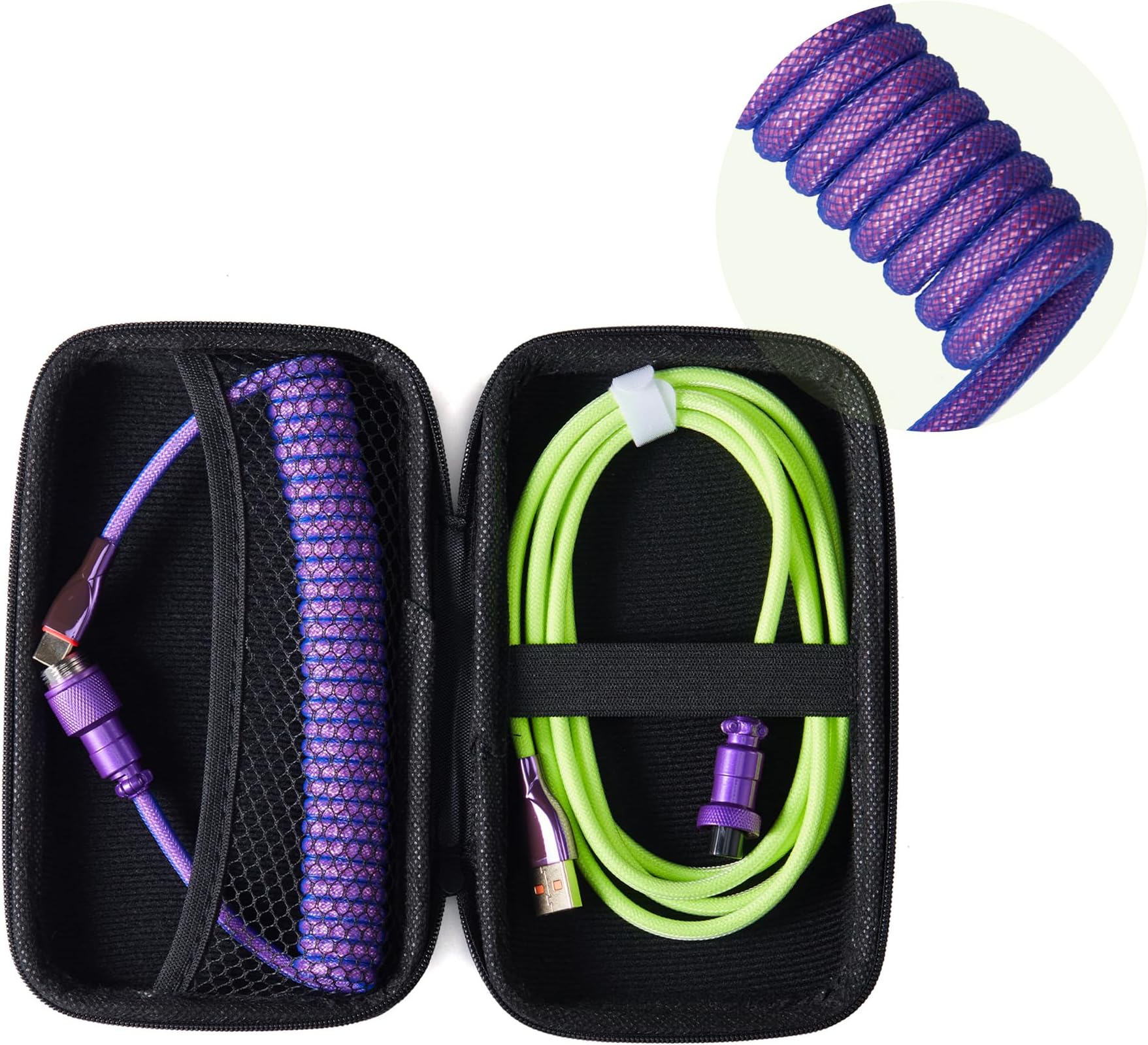 Formulamod USB C Coiled Keyboard Cable for Mechanical Keyboards - Double Sleeved Aviator Cable With Organizer Zipper Bag (Green & Purple)
