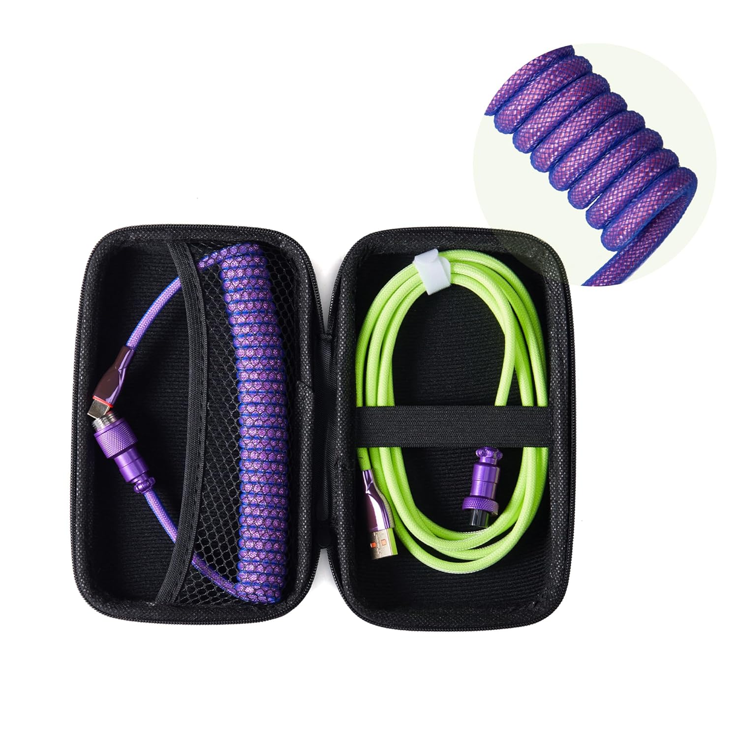 Formulamod USB C Coiled Keyboard Cable for Mechanical Keyboards - Double Sleeved Aviator Cable With Organizer Zipper Bag (Green & Purple)