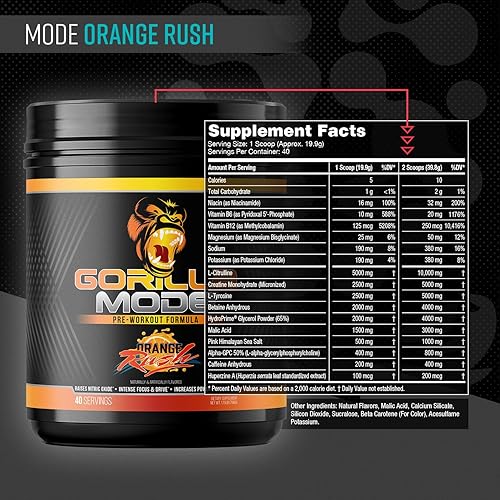 Miniatura 9 de Gorilla Mode - Complemento preentrenamiento Bombas Masivas Enfoque Láser Energía Potencia L-citrulina creatina glycerpump l-tirosina agmatina kanna