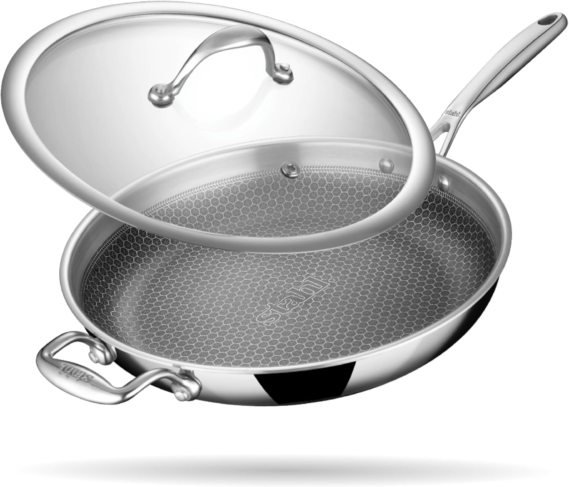 - Stahl Artisan Hybrid 3 L, 28 cm Triply Frying Pan with Lid | Induction & Gas Stove Compatible | Honeycomb Non Stick Fry Pan, Metal Spoon Friendly