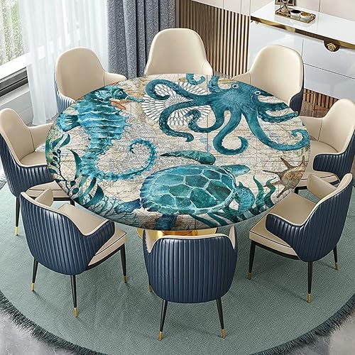 Miniatura 7 de Mantel redondo de mármol de estilo rústico con borde elástico, ajustable, para interiores y exteriores, fiesta, cena, decoración de patio, se adapta