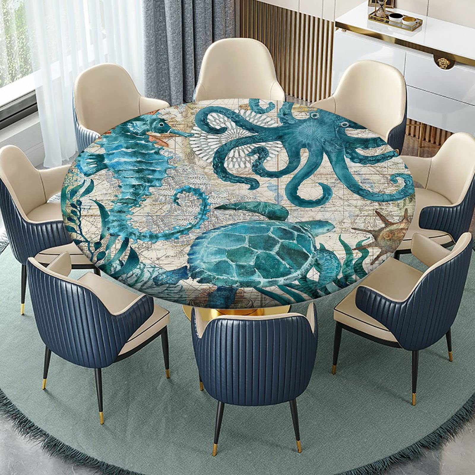 Blue Green Octopus Fitted Tablecloth Round Ocean Turtle Theme Elastic Edge Table Cover, Polyester Table Pad Cloth for Indoor Outdoor Party Dinner Patio Decor Fits Tables Up to 52
