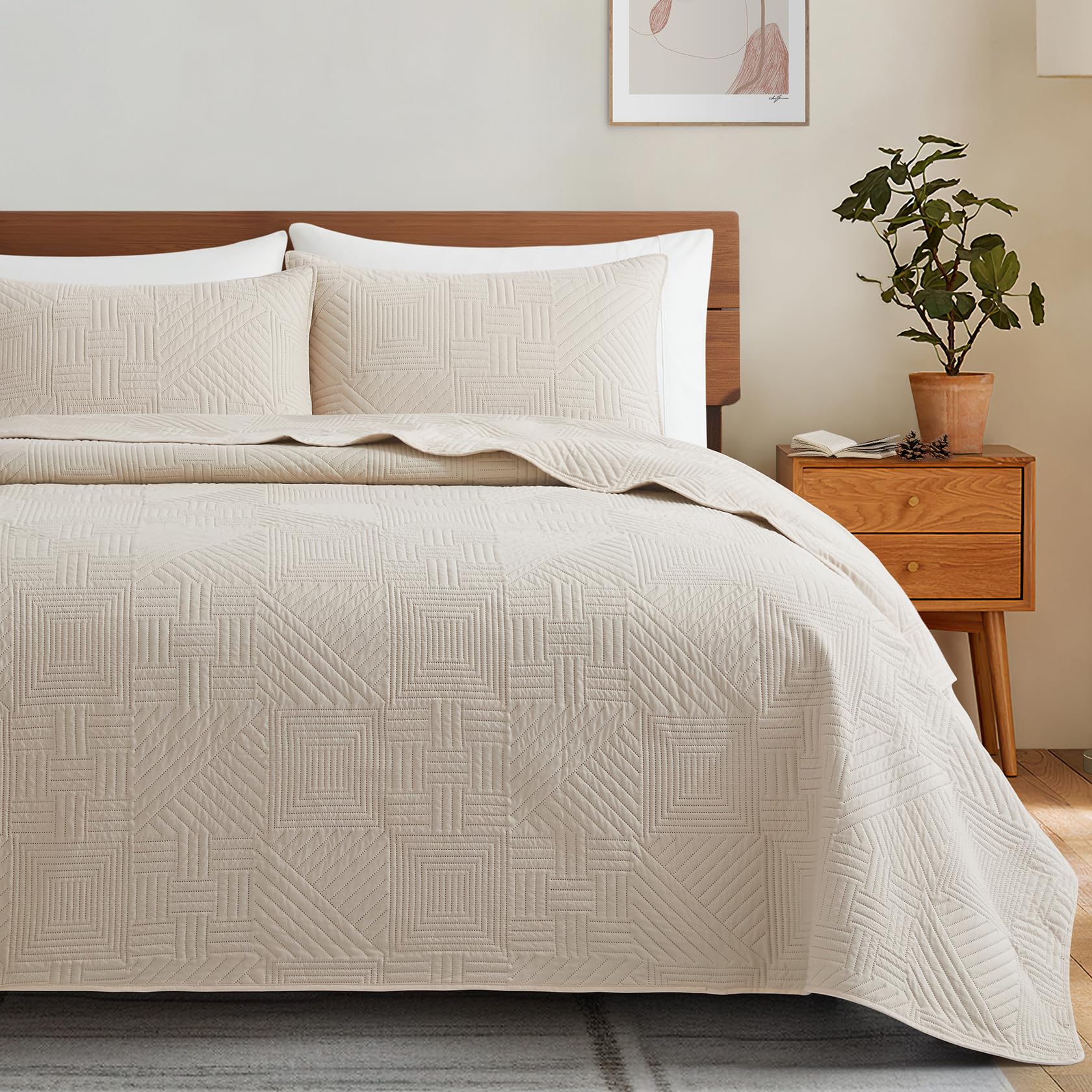 Lavsiry Beige Quilt Full/Queen Size with Pillow Shams, Summer Soft Geometric Pattern Bedspread, 3 Pieces Lightweight Coverlet Bedding Set for All Seasons