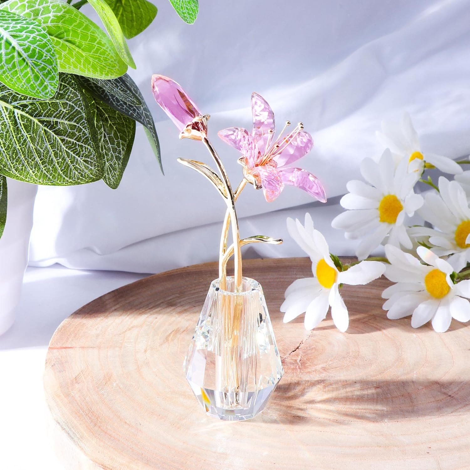 YWHL Crystal Lily Flower Figurine with Vase, Handmade Pink Glass Lily Flower Gifts for Woman, Wedding Gifts for Couple, Home Party Decorations (Pink)