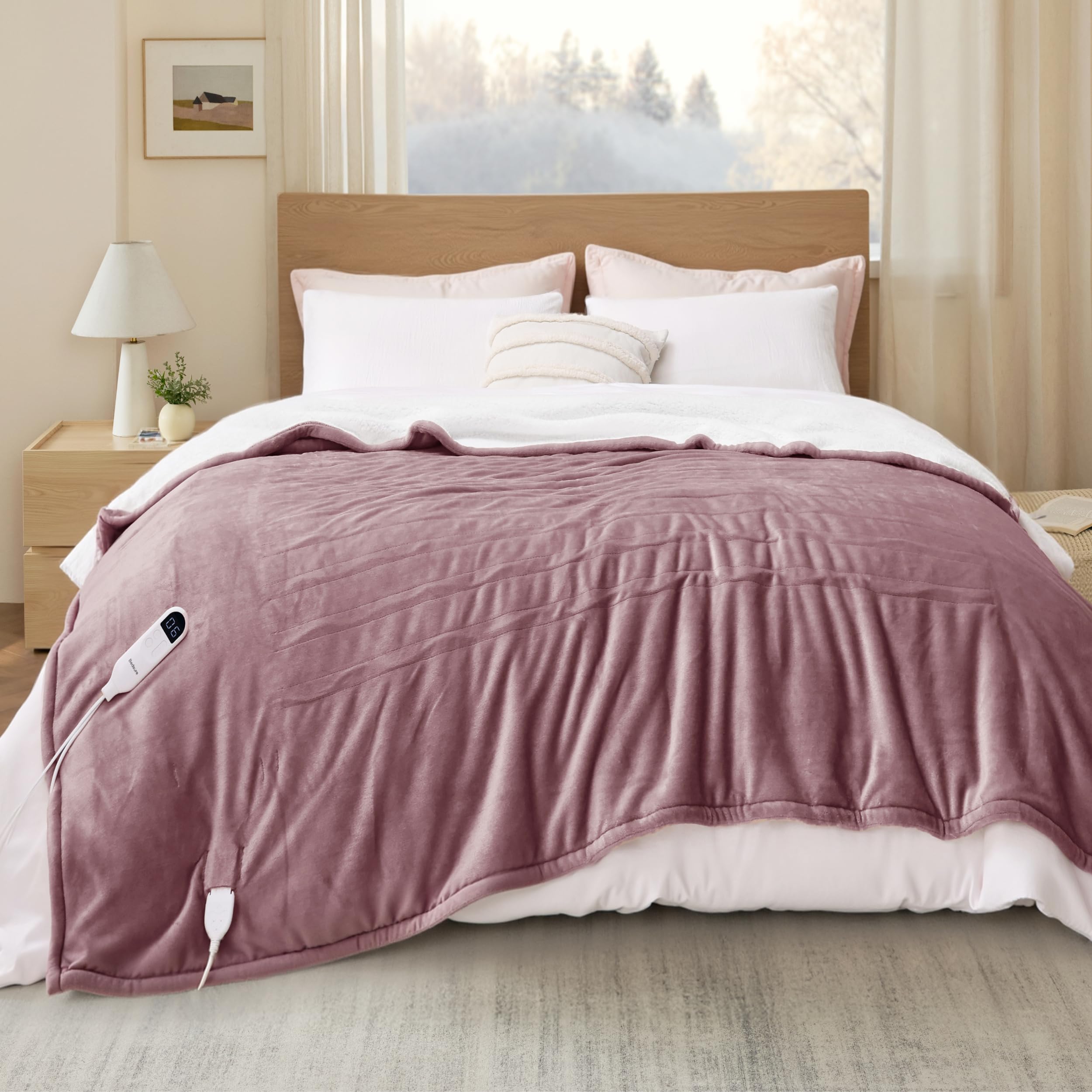 Bedsure Electric Twin Blanket - Soft Flannel & Sherpa, 6 Heat & 10 Time Settings, Purple, 62x84 inches