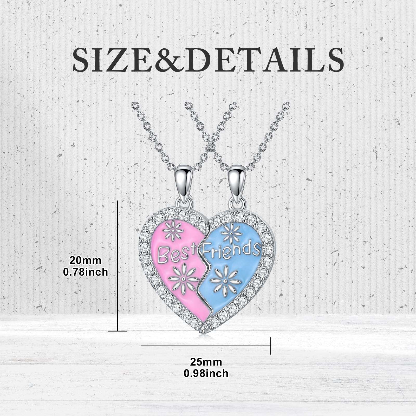 BFF-Halskette für 2, Sterlingsilber, passende Freundschaftsketten mit Herzanhänger, zierlicher Schmuck, Geschenke für die beste Freundin