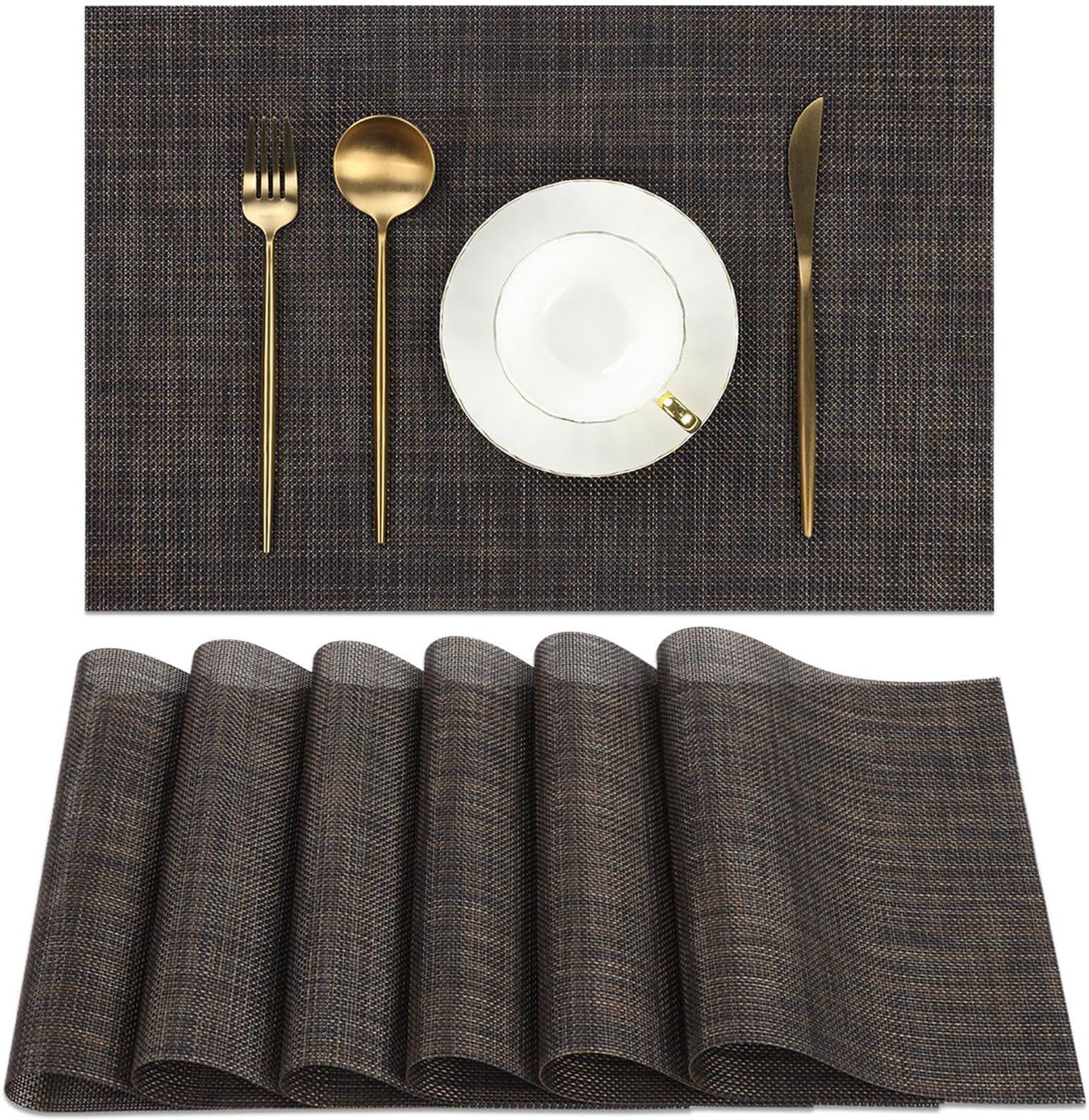 SHACOS Placemats Set of 6 Woven Vinyl Place Mats Wipeable Heat Resistant Plastic Non Slip Table Mats Indoor Outdoor, Black Brown