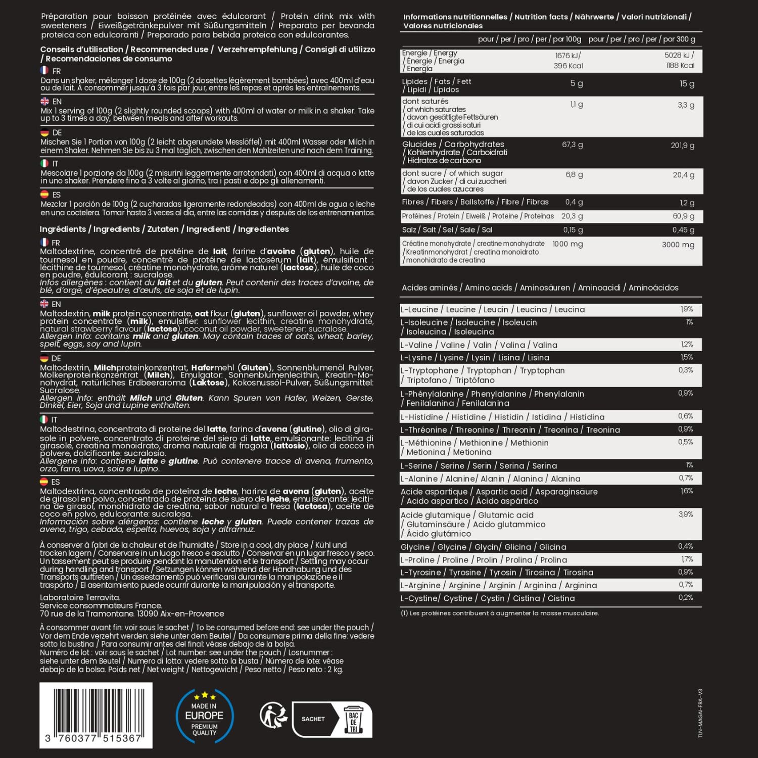 MASS GAINER | Gainer Prise de Masse Musculation | Créatine | +1200 kcal par jour | Protéines Whey & Caséine + Glucides Avoine & Maltodextrine + MCT | 20 Portions par Doypack de 2 kg | Fraise | TLN