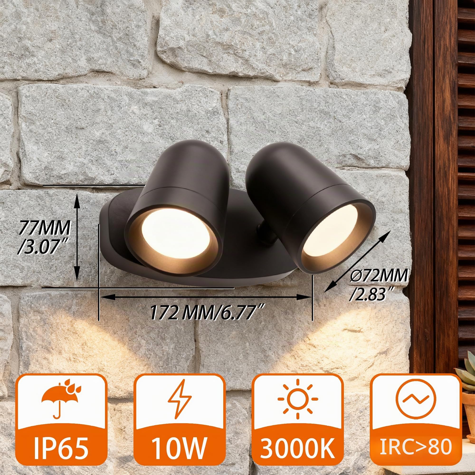 JNR Aplique Pared Exterior, Foco doble, orientable a 330°, Negro | IP65 Impermeable, Ángulo de iluminación Ajustable, Aluminio Luz Exterior Pared Con 2*5W GU10 3000K LED Bombilla 230V