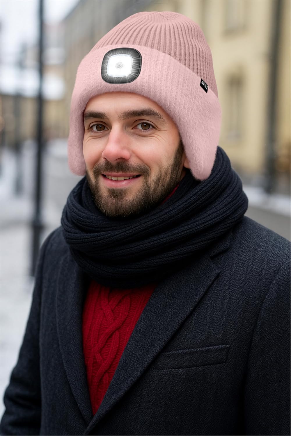 ATNKE LED Lighted Lined Fleece Beanie Cap with Earflap, USB Rechargeable 4 LED Run Headlamp Hat Gifts for Men and Women