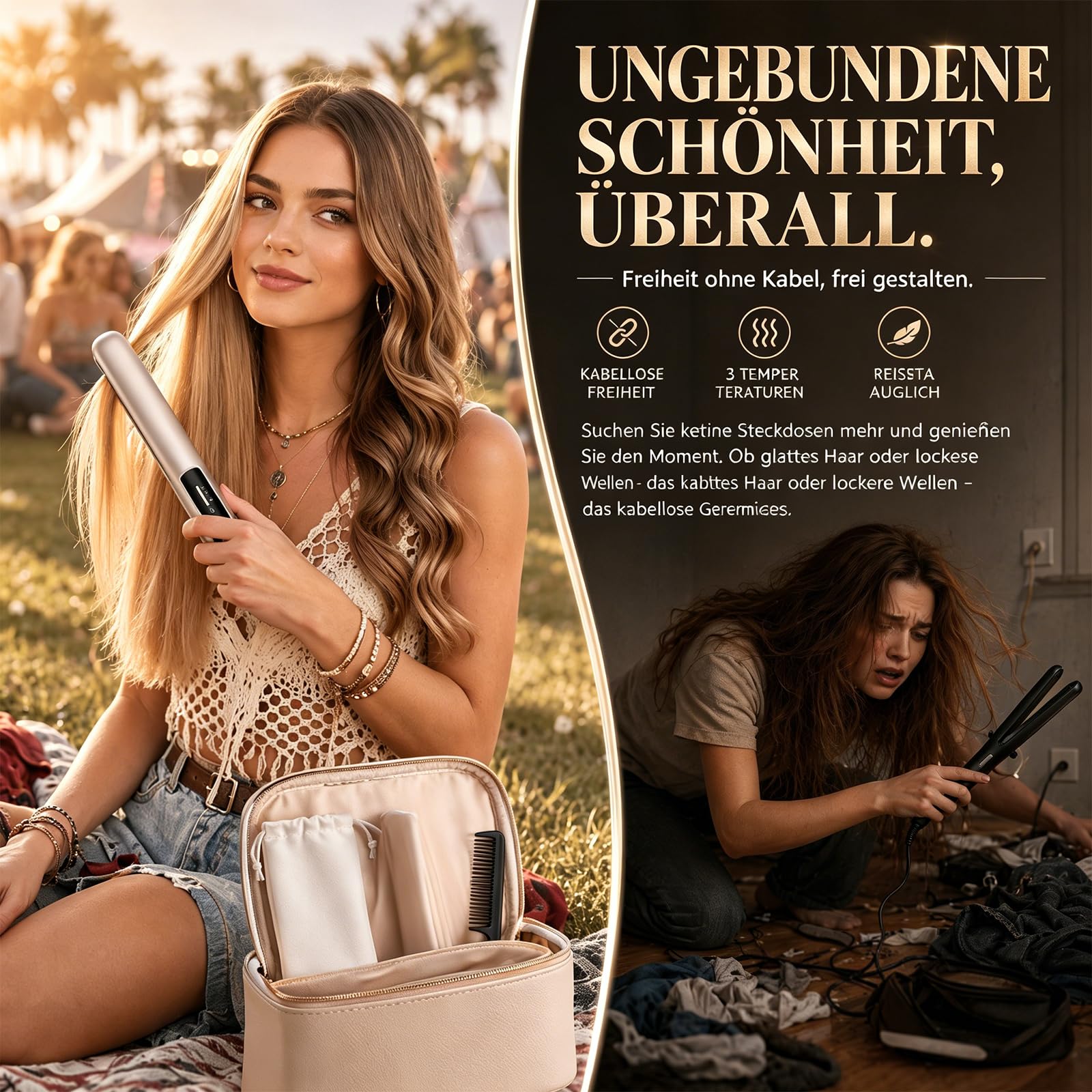 Glätteisen Mini Kabellos 5000mAh Akku - 2 in 1 Glätteisen Locken und Glätten | Reiseglätteisen mini für Handtasche | Kleines Glätteisen ohne Kabel für alle Haartypen | Frizz Reduzieren（160-200℃）