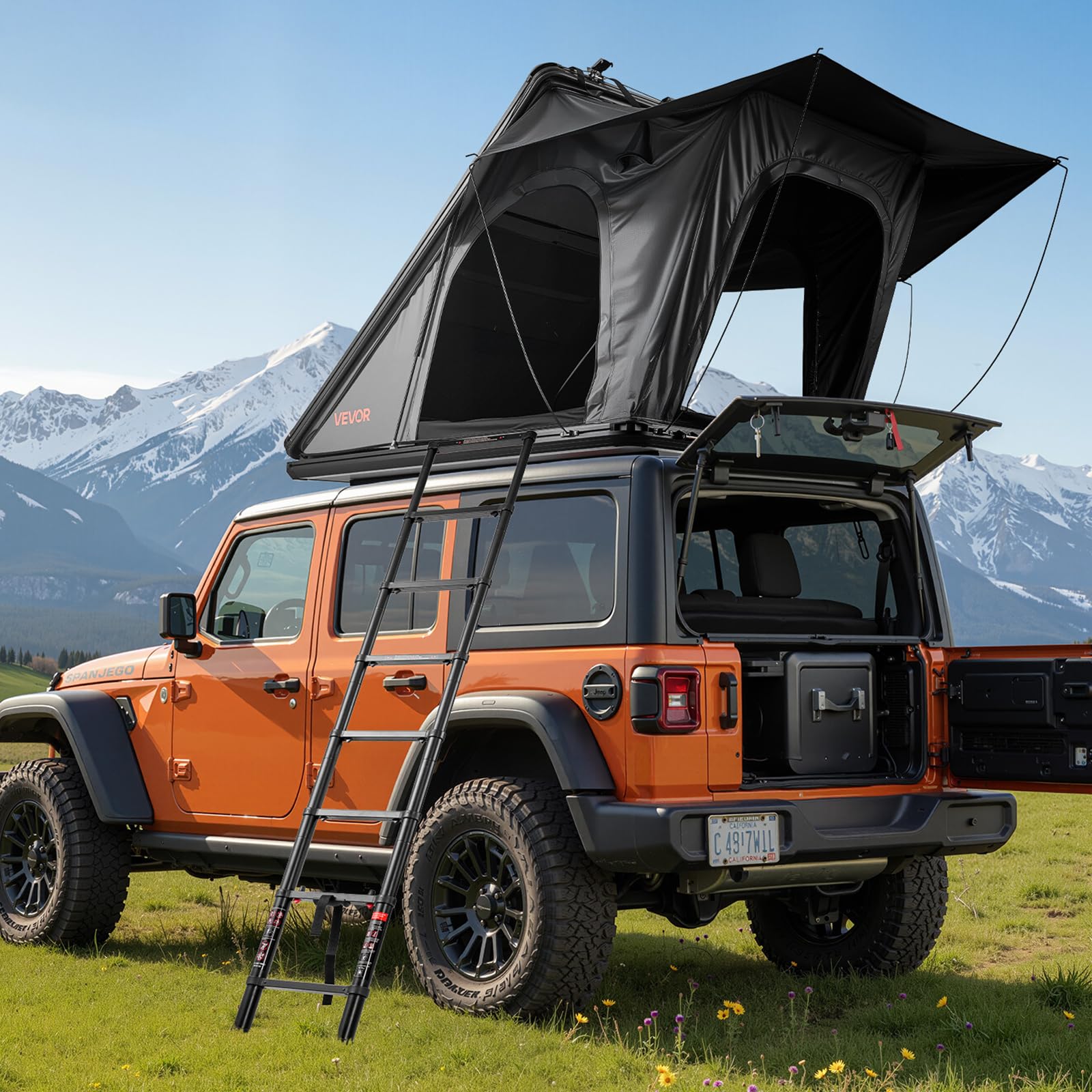 VEVOR Tenda da Tetto per Auto per Campeggio Viaggio Capienza ca. 2-3 Persone, Tenda Sopra Auto Telaio in Alluminio con Illuminazione LED Finestra Scala Carico 150 kg, Impermeabile per Jeep SUP
