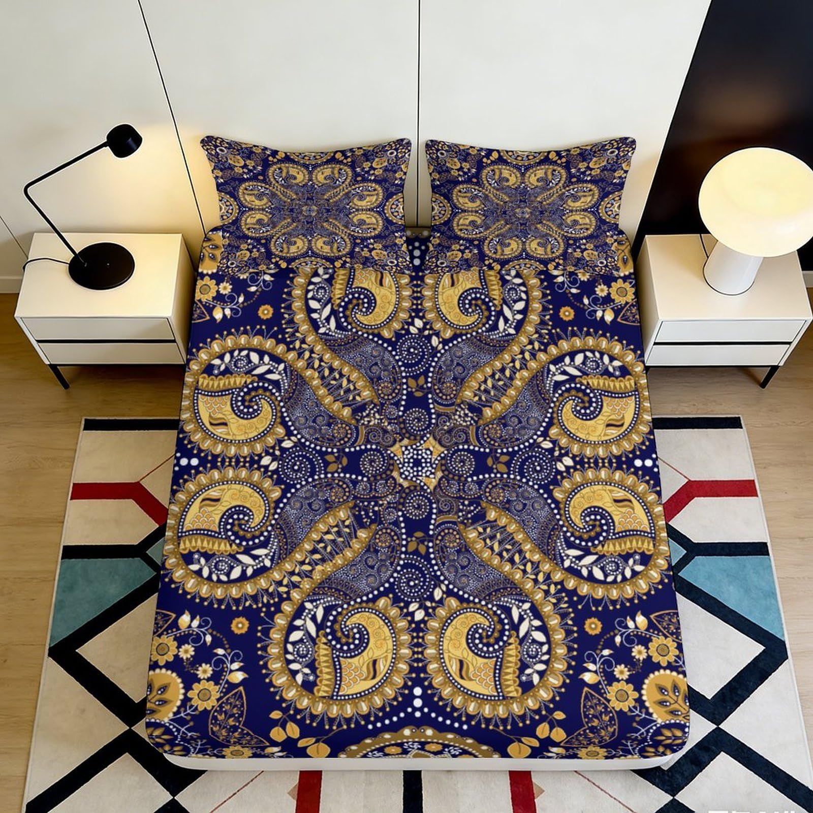 3D Printed Paisley Mandala Fitted Sheet Microfiber Soft Gold Blue Mattress Cover Bedroom Decor Dustproof Easy Care 90x200x25cm