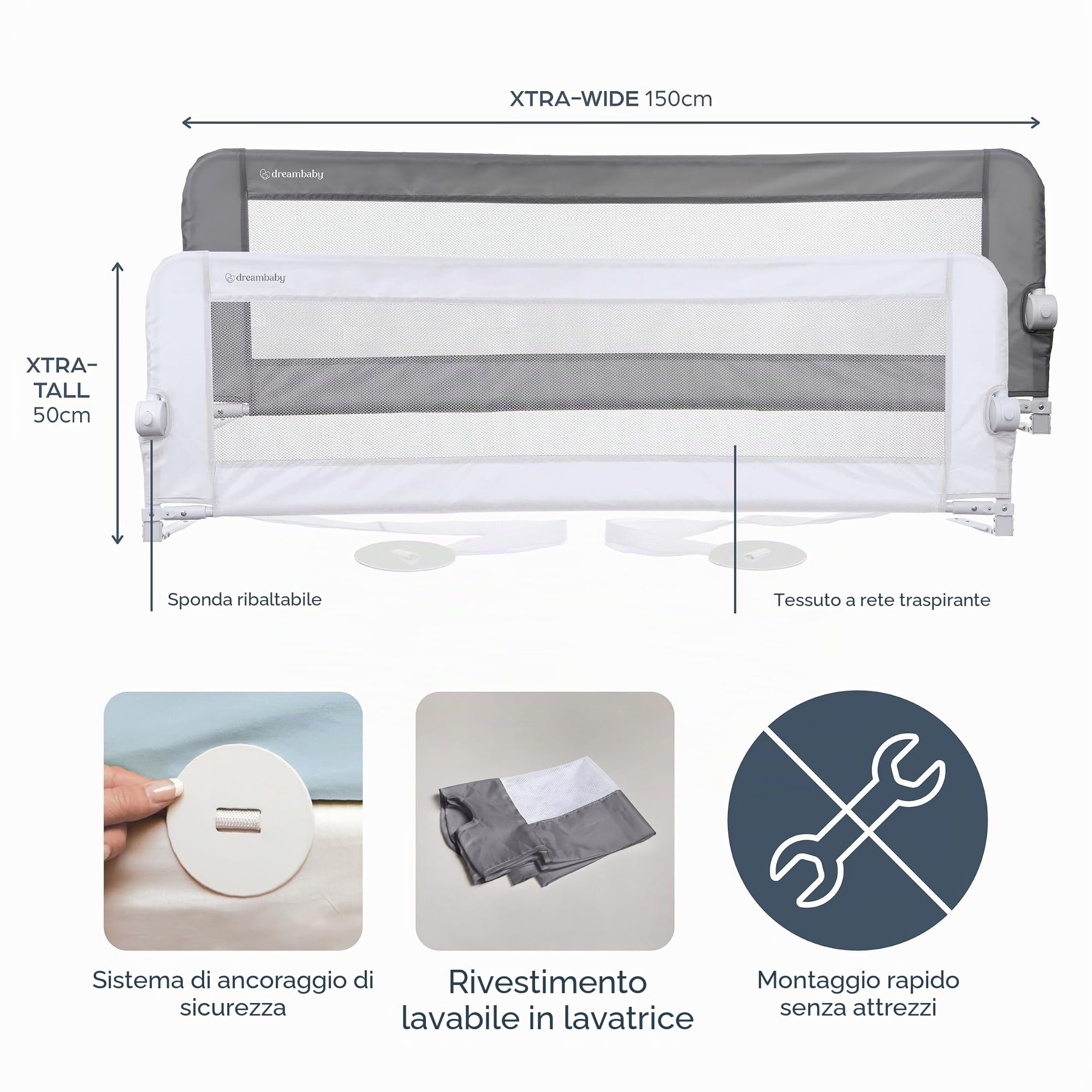 Dreambaby Nicole - Parapetto per letto per bambini, extra largo, 150 cm e 50 cm di altezza, facile da montare, lavabile, transizione sicura da culla a letto, per letti king size, grigio