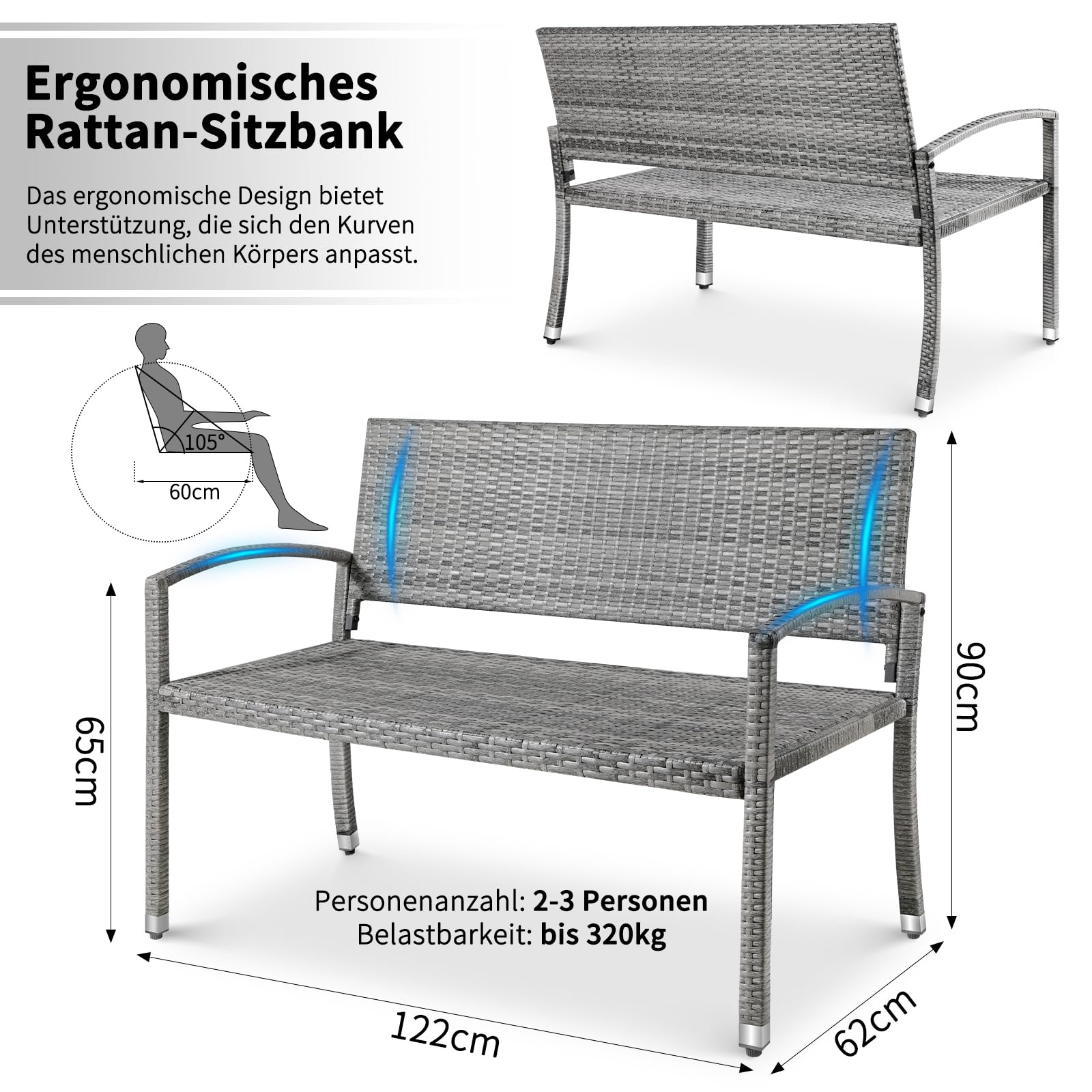 LIFERUN Banco de Jardín de Ratán, Mueble Poliratán Jardín 2 Asientos, Banco Terraza Exterior, Resistente Intemperie, Capacidad de Carga hasta 320 kg, Ratán de Doble Cara, 122x62x90cm, Gris
