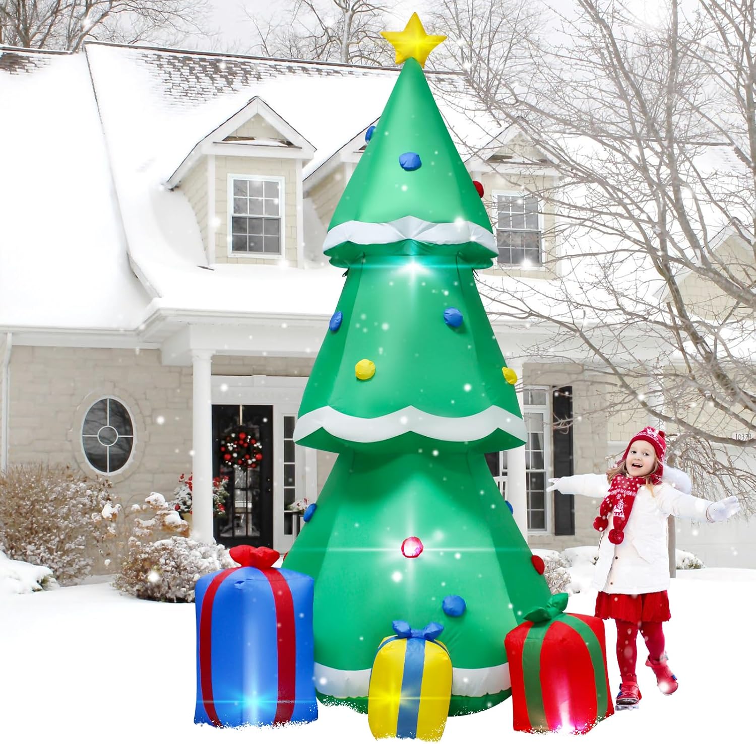 8FT Inflatable Christmas Tree Decoration for Outdoor LED Lights Blow up Christmas Tree,Lighted Decor with Gift Box & Treetop Star,Suitable for Yard,Lawns,Gardens,Parties