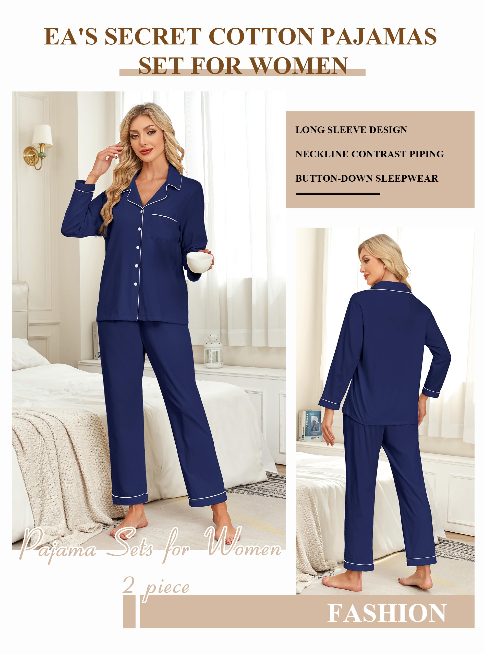 EA'S SECRET Conjunto de pijama para mujer, 100 % algodón, camisa y pantalones de manga larga suave, ropa de dormir con botones