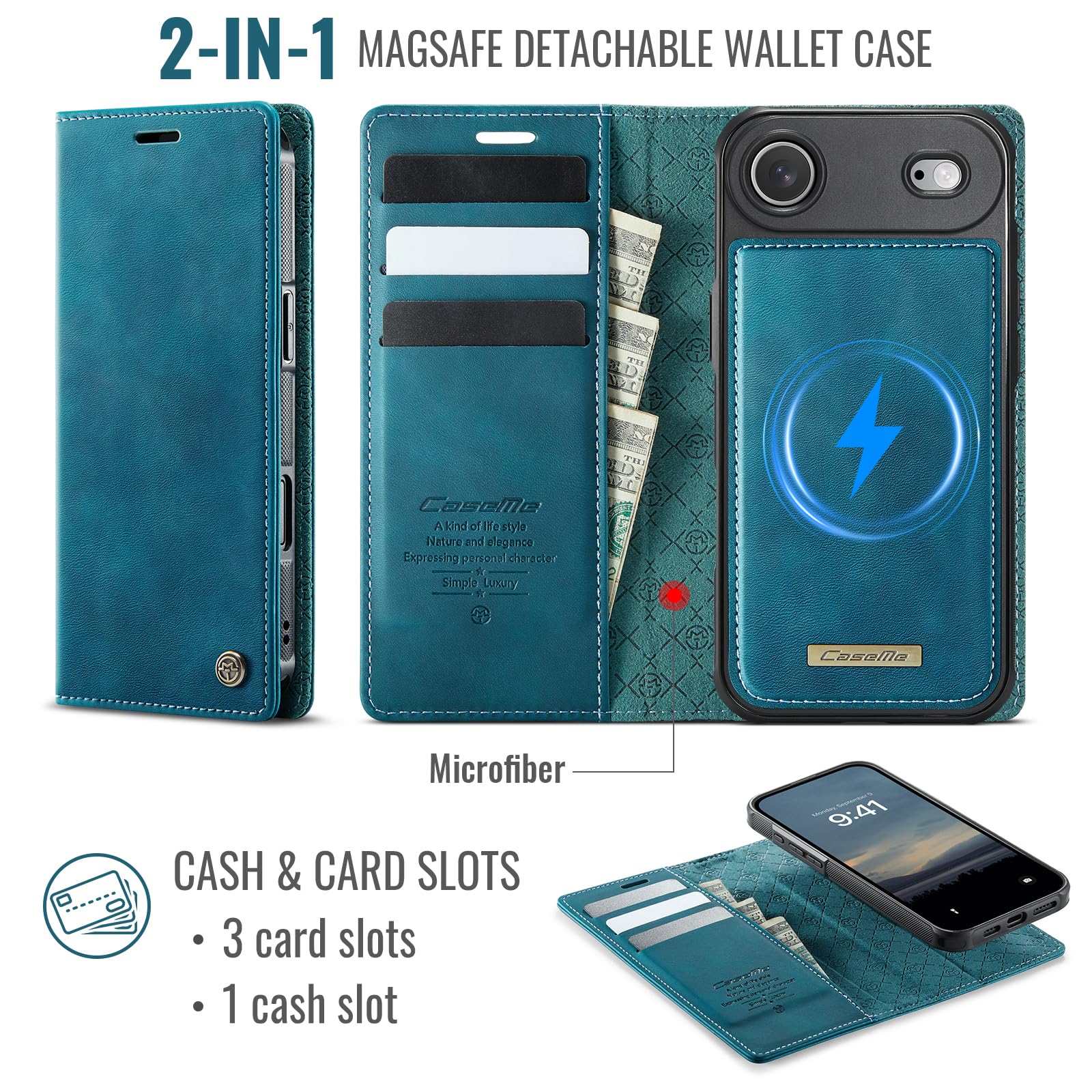 Etui portfelowe na iPhone'a 17 Air z 3 przegródkami na karty i przegródkami na gotówkę, magnetyczne zamknięcie z klapką, odłączany magnetyczny design 2 w 1, kompatybilne z Magsafe - zielone