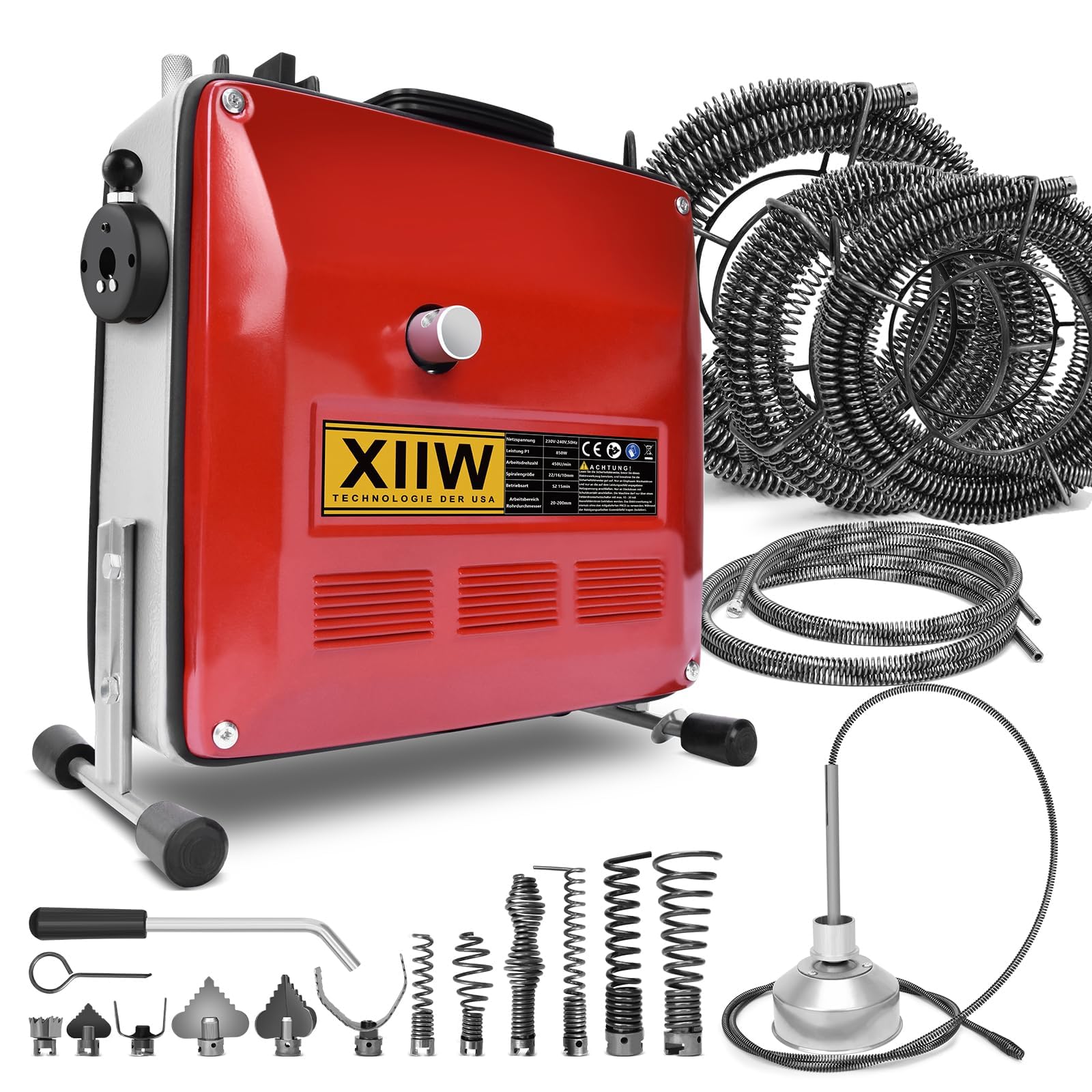 850W Elektrische Rohrreinigungsmaschine zum Ø20-200mm Rohrleitungen [Spirale 33m x Ø16 mm + 14m x Ø22mm, 5m x Ø10mm], Rohrreinigungsgerät Rohrreiniger Reinigung Abflussreiniger, 450U/M