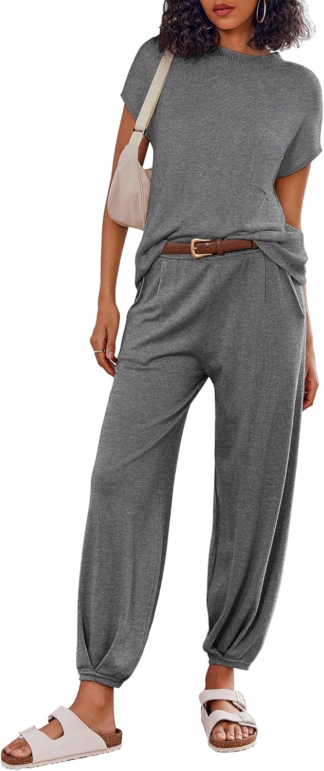 Ekouaer Two Piece Outfits Lounge Sets for Women Sweater Sets Knit Short Sleeve Tops Jogger Pants Matching Tracksuit