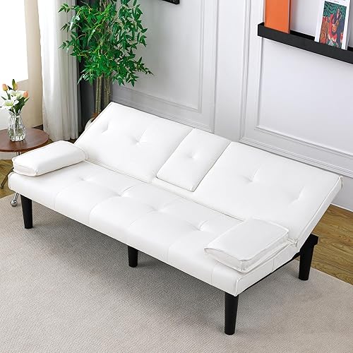 Miniatura 7 de Sofá cama futón moderno de 67 pulgadas, sofás cama convertibles 3 en 1 con respaldo ajustable, portavasos, cómodo sofá reclinable loveseat de cuero