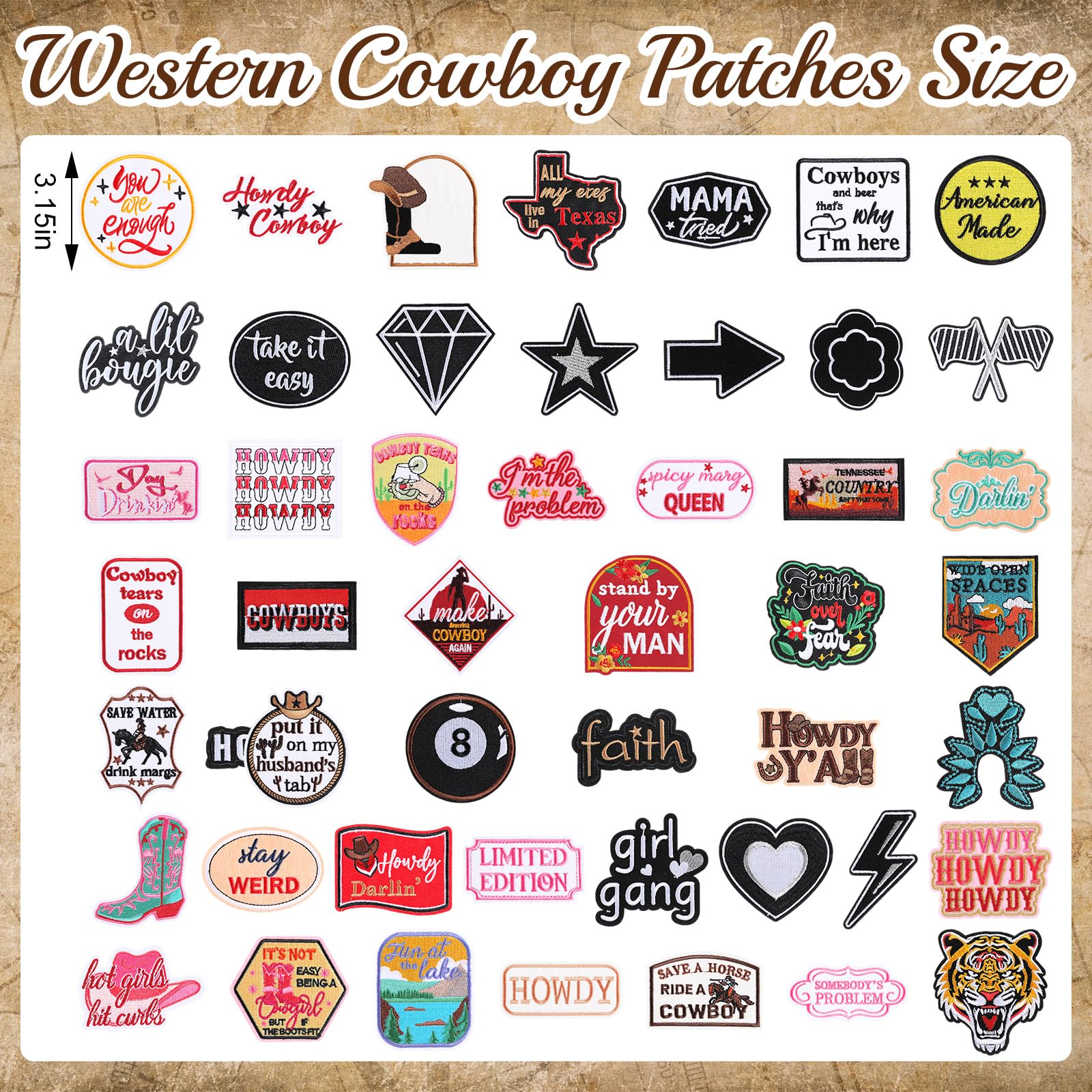 Lyrow 50 parches bordados de vaquero occidentales para planchar para sombrero, chaqueta de mezclilla, mochila, accesorios de ropa, apliques para coser en rodeo, parche de reparación del salvaje oeste,