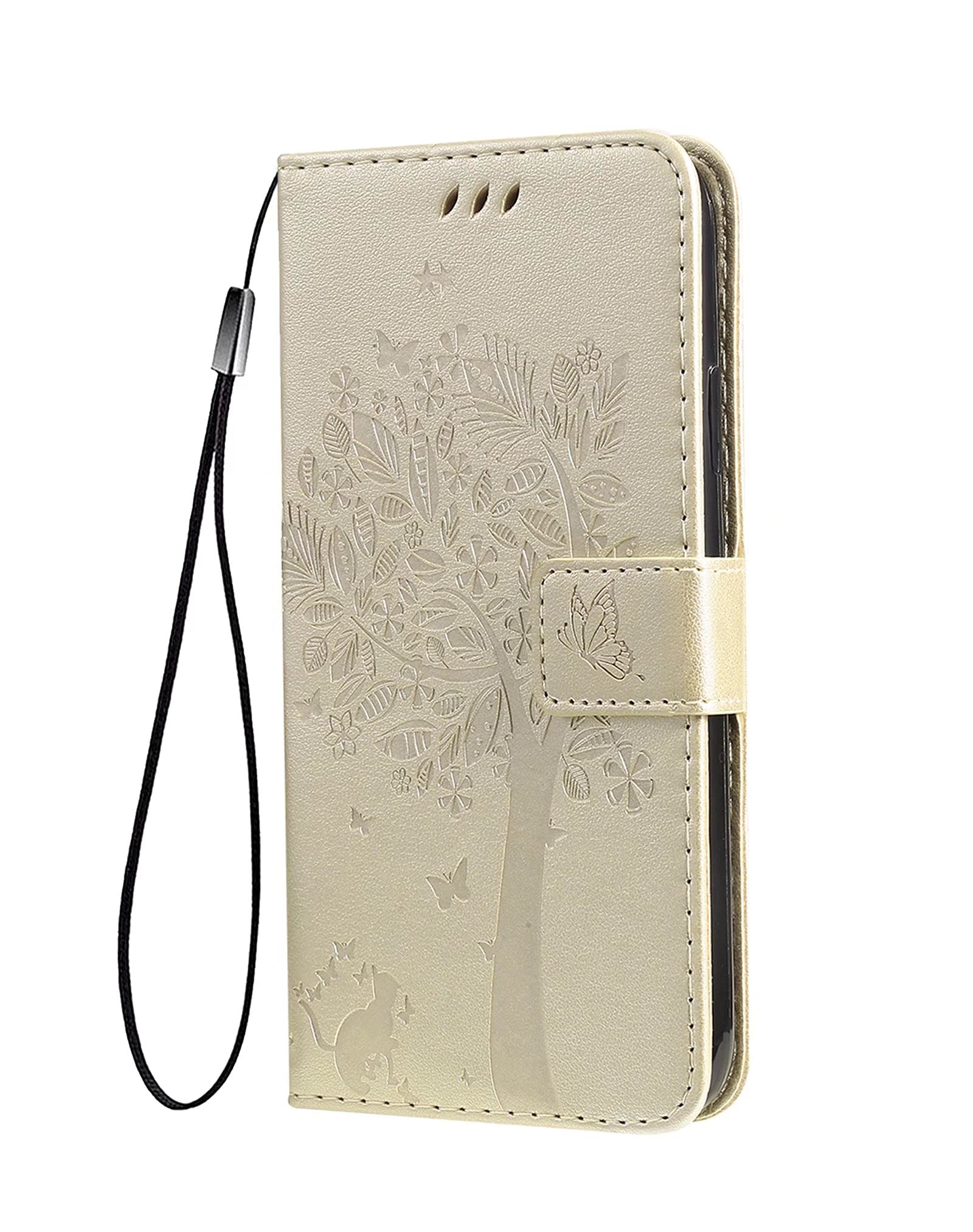 SEAHAICase for Sony Xperia 10 VI Wallet Case, Pretty Embossed Leaves and Cat Pattern Premium PU Leather Book Style Flip Cover Shockproof Case, Gold