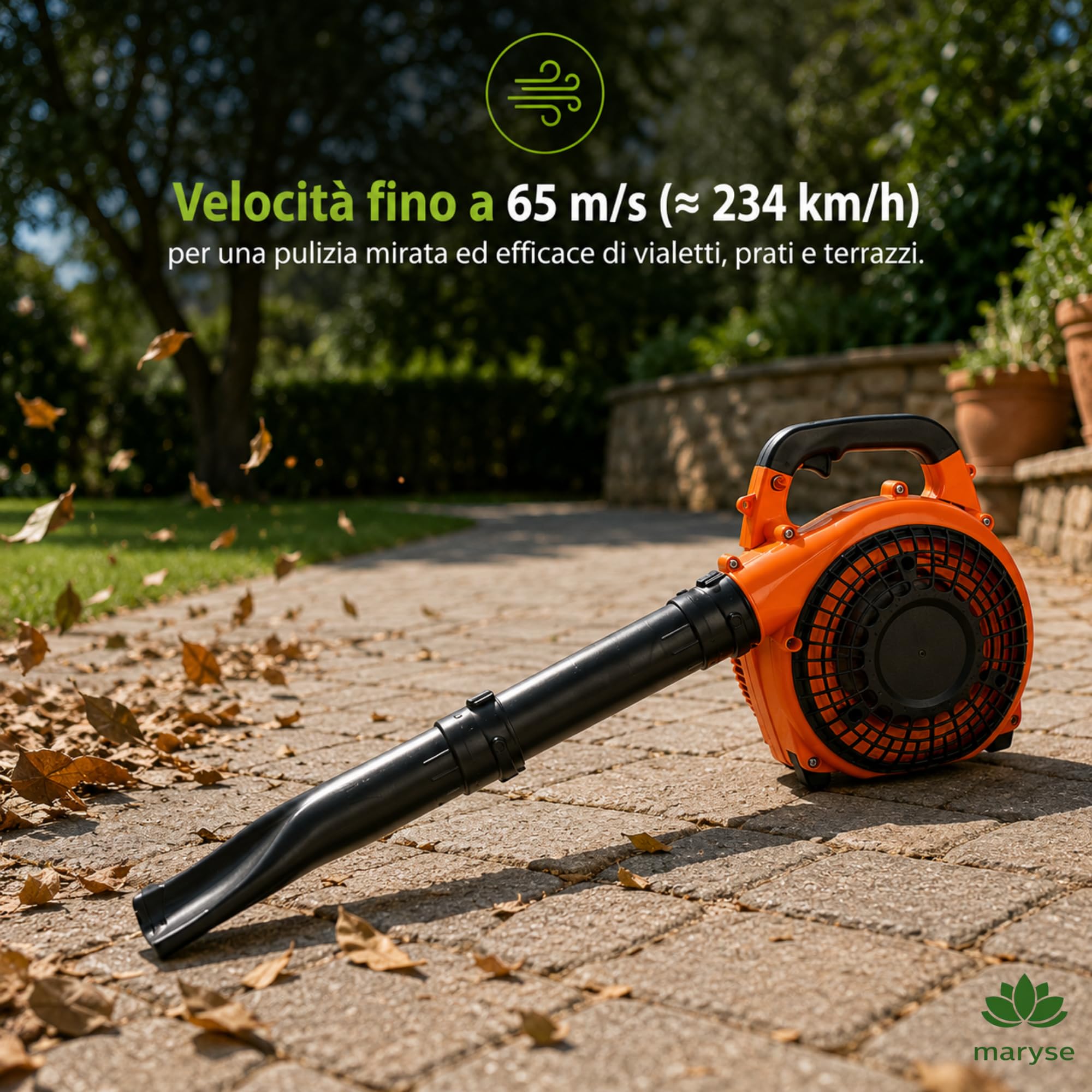 Soffiatore a Scoppio 52 cc LEGGERO – AVVIAMENTO FACILE - Motore 2 Tempi da 1500 W – Getto d’Aria 65 m/s per Rimozione Foglie e Detriti – Impugnatura per COMFORT UTILIZZO - Serbatoio 0,65 L