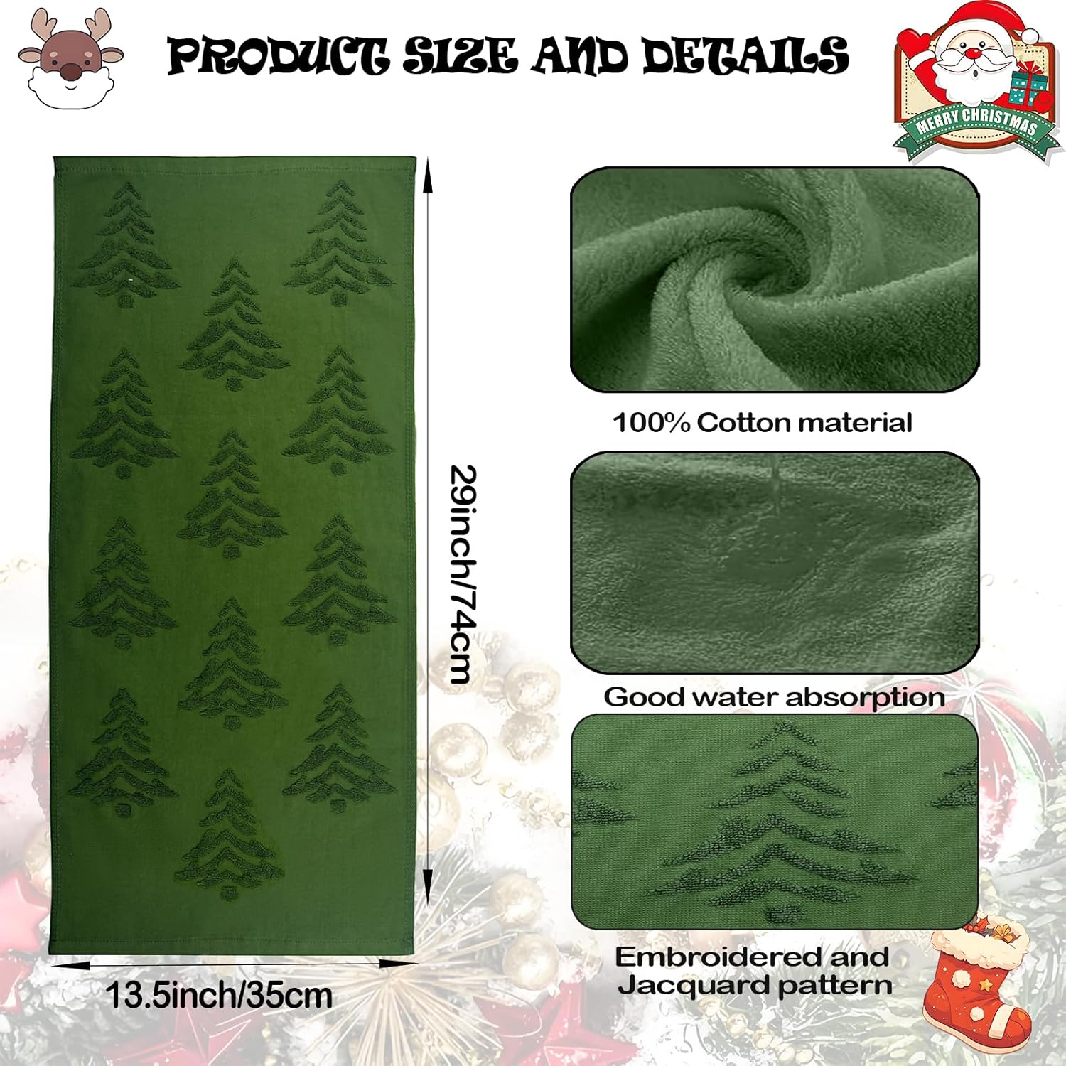 2 Pack Christmas tree Hand Towels 100% Cotton Jacquard holiday Kitchen dish Towels Retro Neutral Olive Green Bathroom Towels Set gift Seasonal Xmas Winter Bathroom Decor (Olive Green Christmas tree) - Image 2
