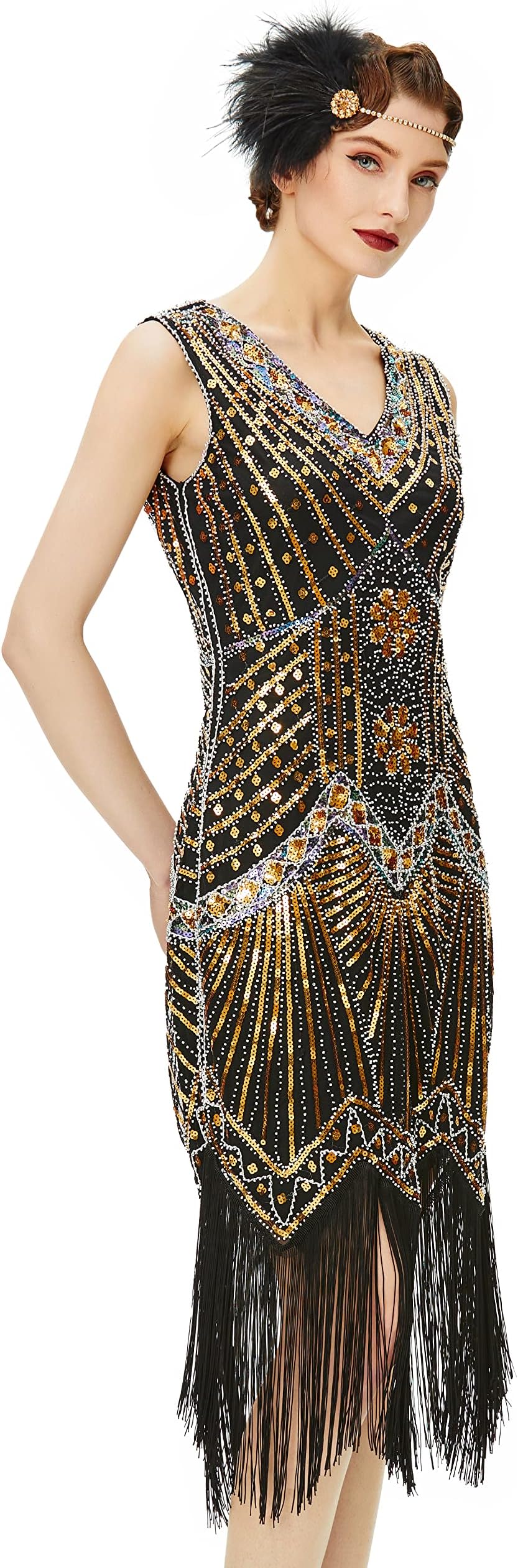 Women's Flapper Dresses 1920s V Neck Beaded Fringed Great Gatsby Dress