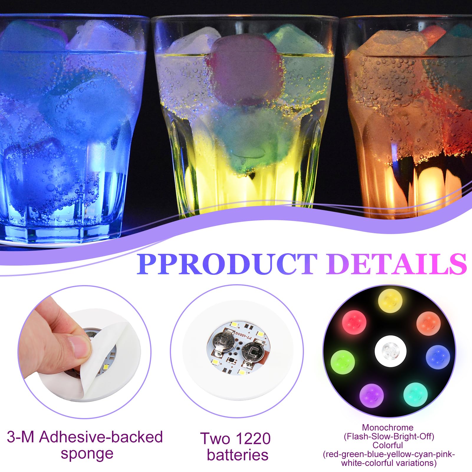 12 Pegatinas LED de Ambiente para Botellas y Tazas, Posavasos LED 6luz de Colores y 6luz Blancas Frías, Luces Autoadhesivas para Fiestas Bar, 6cm
