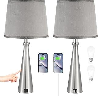 Nightstand Bedroom Lamp with USB C USB-A Charging Port Grey, Dimmable Bedside Touch Lamp for Master Bedroom, Large End Side Table Lamp for Guest/Dinning/Room/Living Room Set of 2