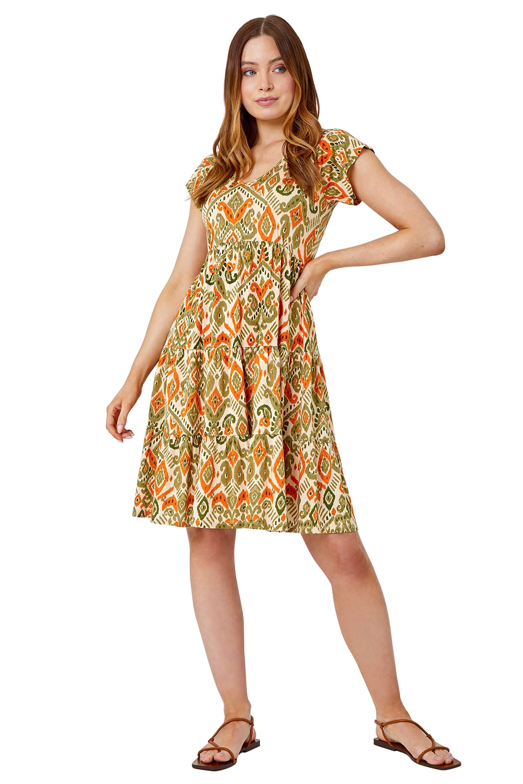 Roman Originals Aztec Print Tiered Tea Dress for Women UK - Ladies Everyday Holiday Spring Summer V Neckline Comfy Soft Evening Vacation Work Party - Khaki - Size 20