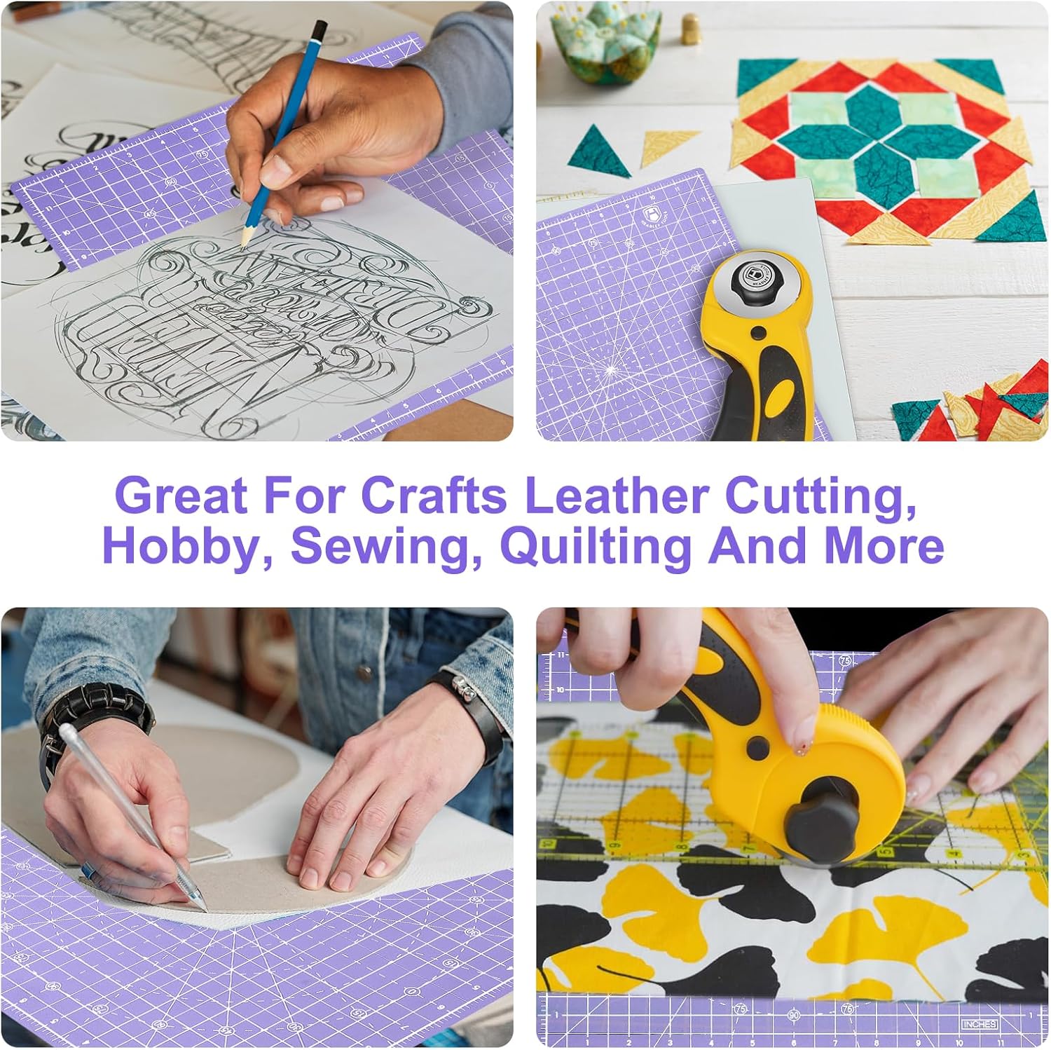 Headley Tools 12"x12" Rotating Cutting Mat, Self Healing Mat with 360-Degree Rotation & Anti-Slip Base, Sewing Board Cutting Mat Perfect for Fabric Quilting Leather Hobby Project, Purple