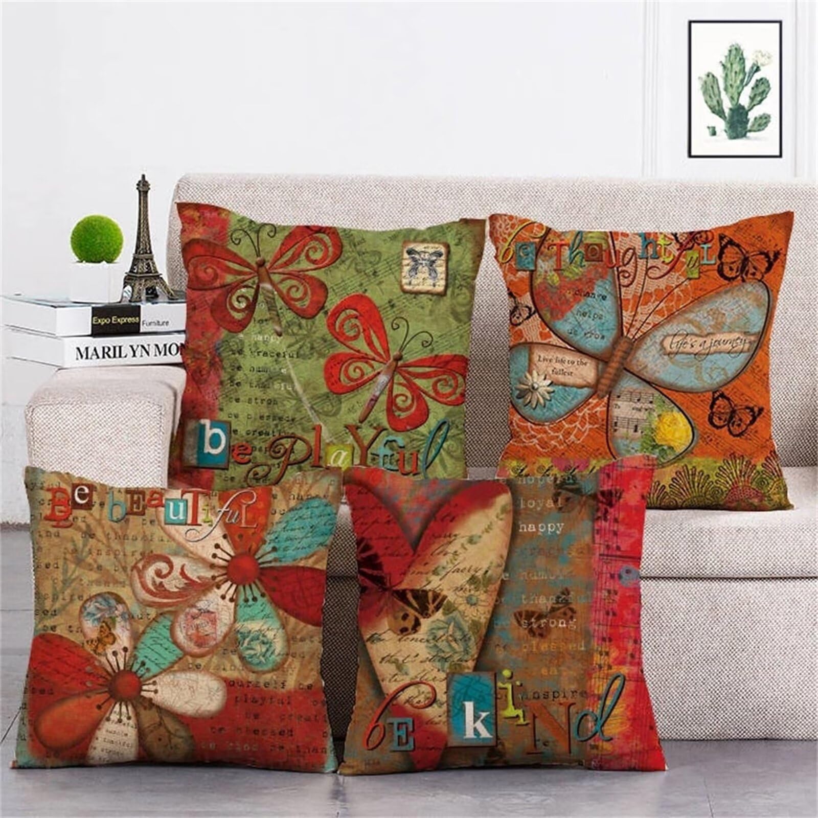 Juego de 4 Impermeable Funda de Cojín Mariposa Retro,55x55cm Moderno Suave Transpirables Lino Fundas de Almohada Cojines Decorativos con Cremallera Oculta para Exterior Sofá Cama Coche Hogar