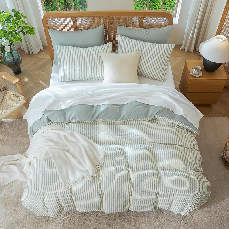Queen Size Comforter Set Striped Soft Luxury Washed Microfiber Jacquard 3 Pieces Bedding, Sage Green Vertical Ticking Stripes Pattern Comforter with 2 Pillowcases Breathable Durable Comfy image 7