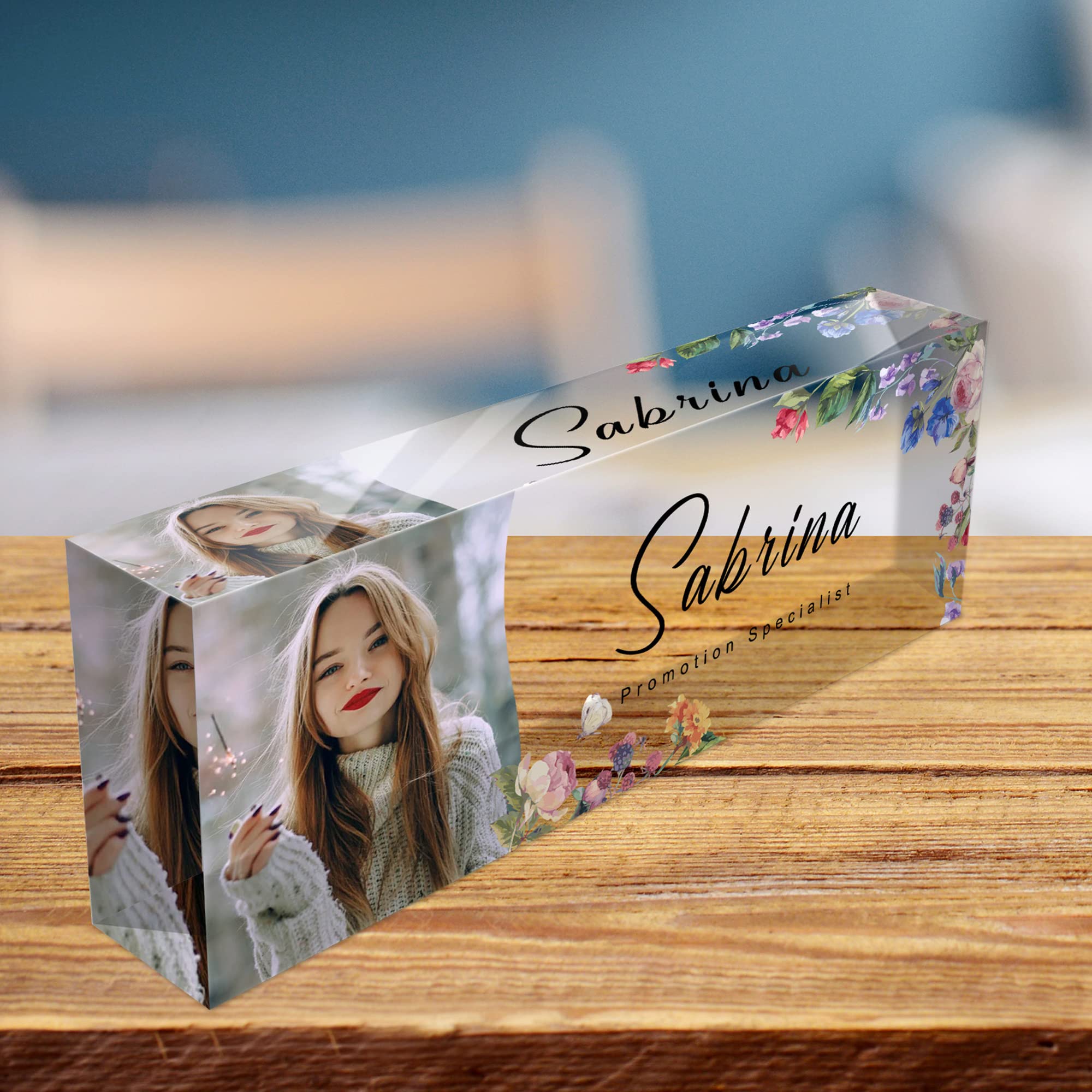 Personalized Office Name Plate for Desk, Picture&Text Design Customized Acrylic Name Plate, Full Color Printed Cuboid Name Plate 8"x2.5"x1.2"(Style 5)