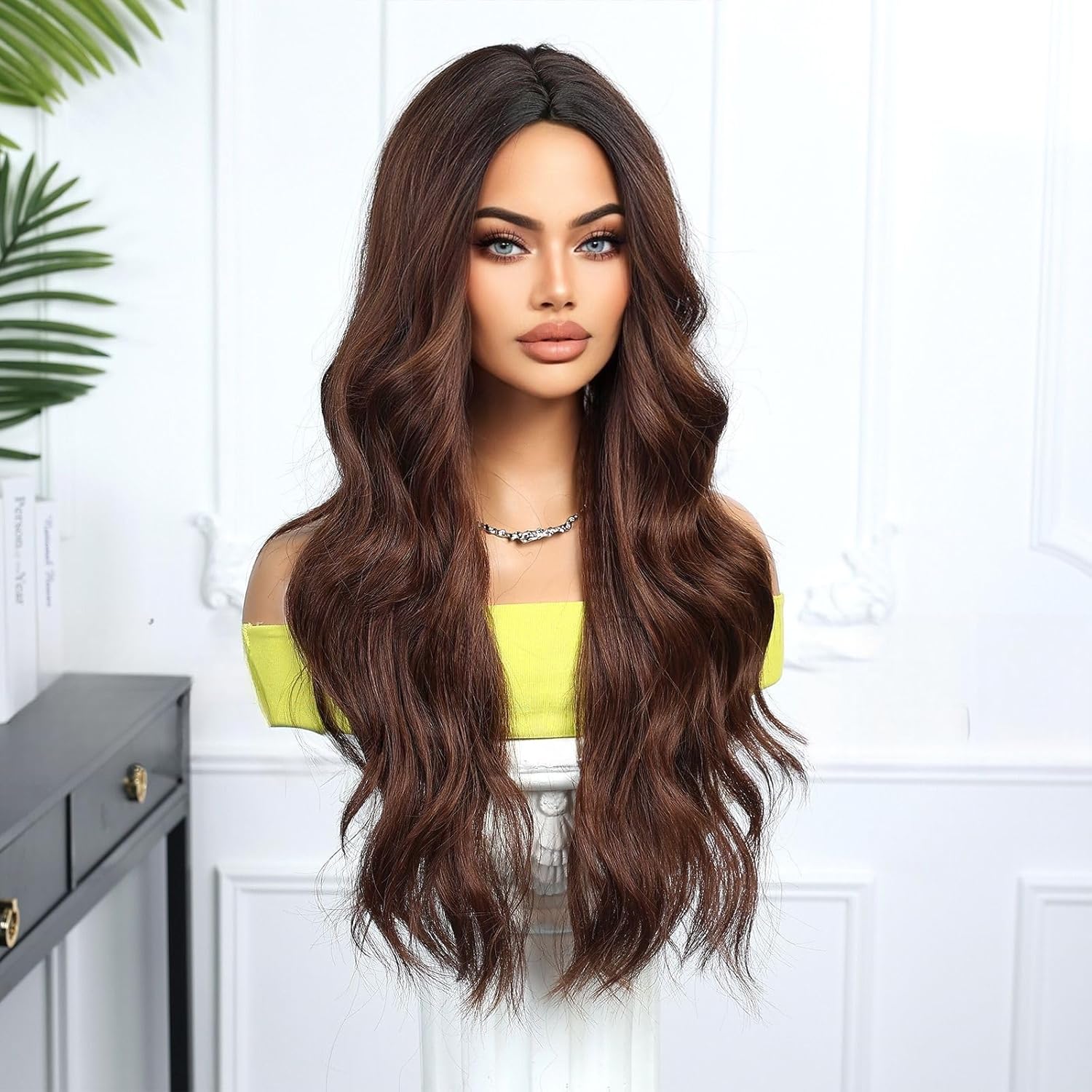 Dark brown human hair wig, long curly hair, middle-parted bangs, light and knot-free, natural hairline, suitable for daily wear (Dark brown,28inch)