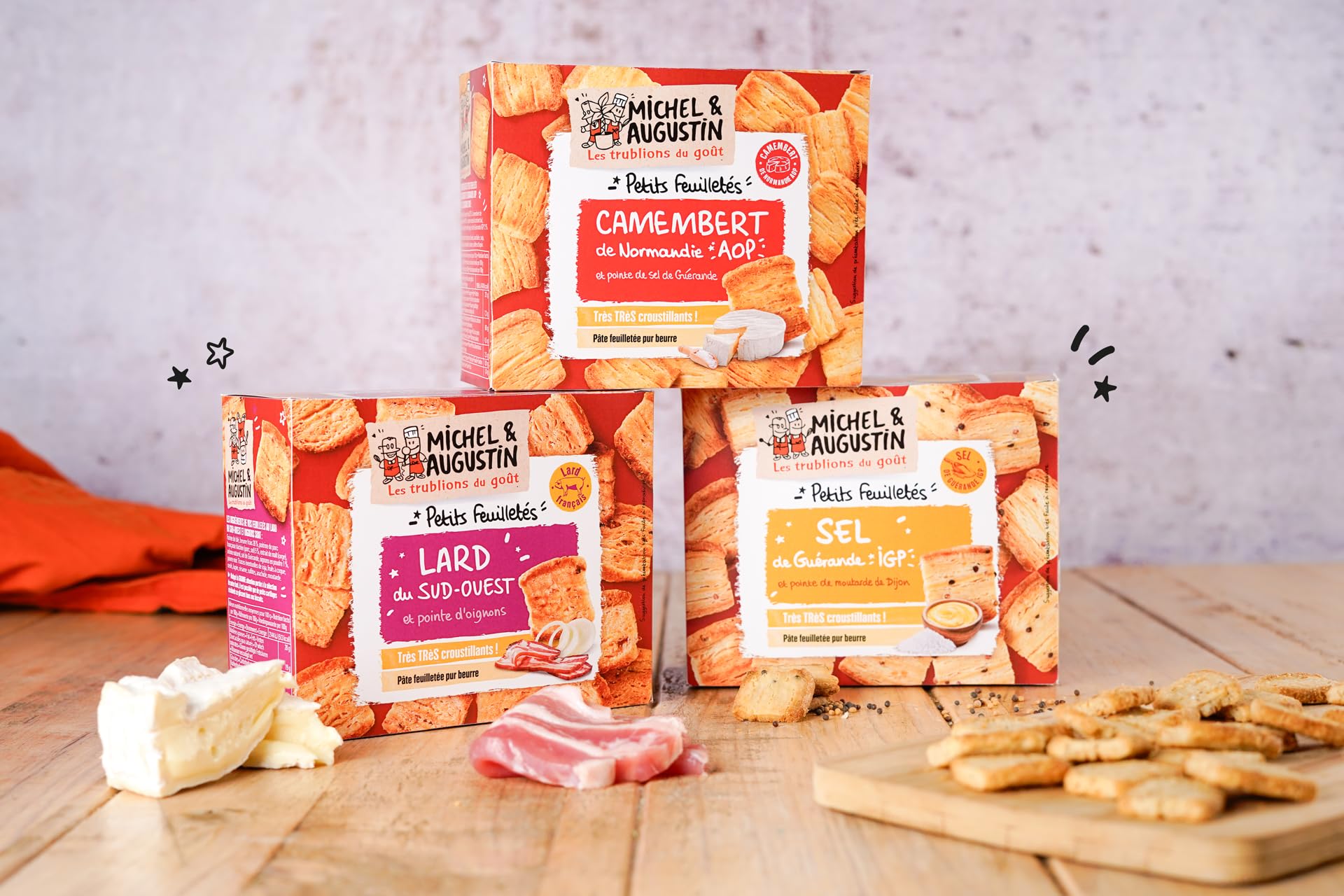 Michel & Augustin – Petits feuilletés au Lard du Sud-Ouest et pointe d’oignons – Pâte feuilletée pur beurre – Biscuit apéritif croustillant 80g x 9
