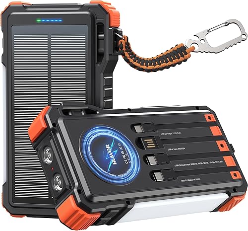 BLAVOR Cargador Solar de 45W Banco de Energía 20000mAh Cargador Portátil Inalámbrico Cables Integrados, Paquete de Batería de Carga Rápida PD QC con