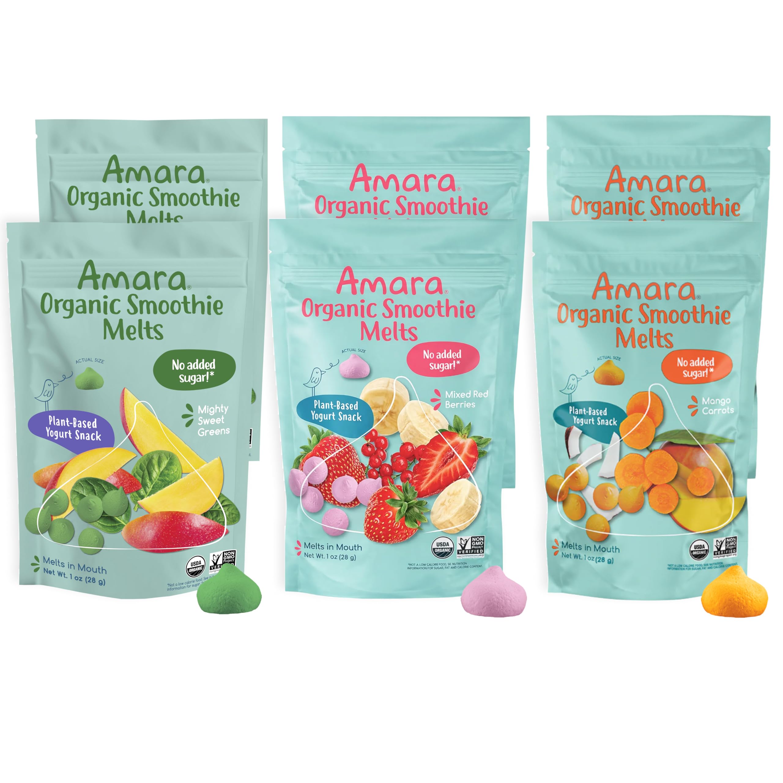 Amara Smoothie Melts - Best Sellers Variety Pack - Baby Snacks Made With Fruits and Vegetables - Healthy Toddler Snacks For Your Kids Lunch Box - Organic Plant Based Yogurt Melts - 6 Packs