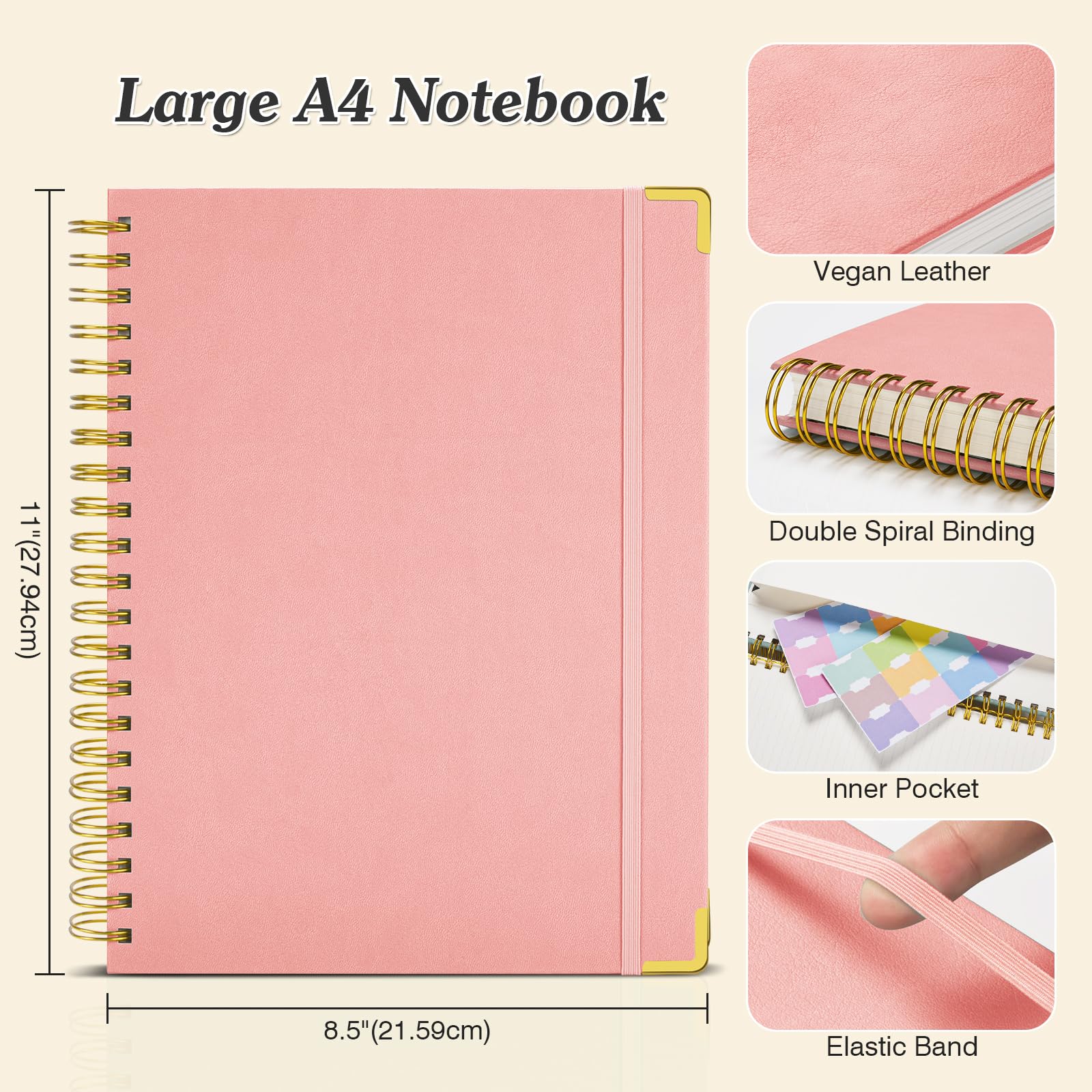 Carnet à graphique OMEYA, carnet à spirale à grille 21,6 cm x 27,9 cm, journal à couverture rigide en cuir 300 pages, carnet à grille épais de 100 g/m², grand journal graphique A5 pour femmes et