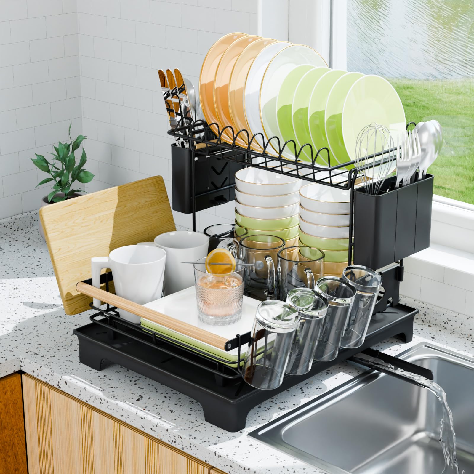 Vathingood 2 Tier Dish Drying Rack, Drying Rack with Automatic Drainboard, Dish Racks for Kitchen Counter, Rustproof Dish Drainer with Removable