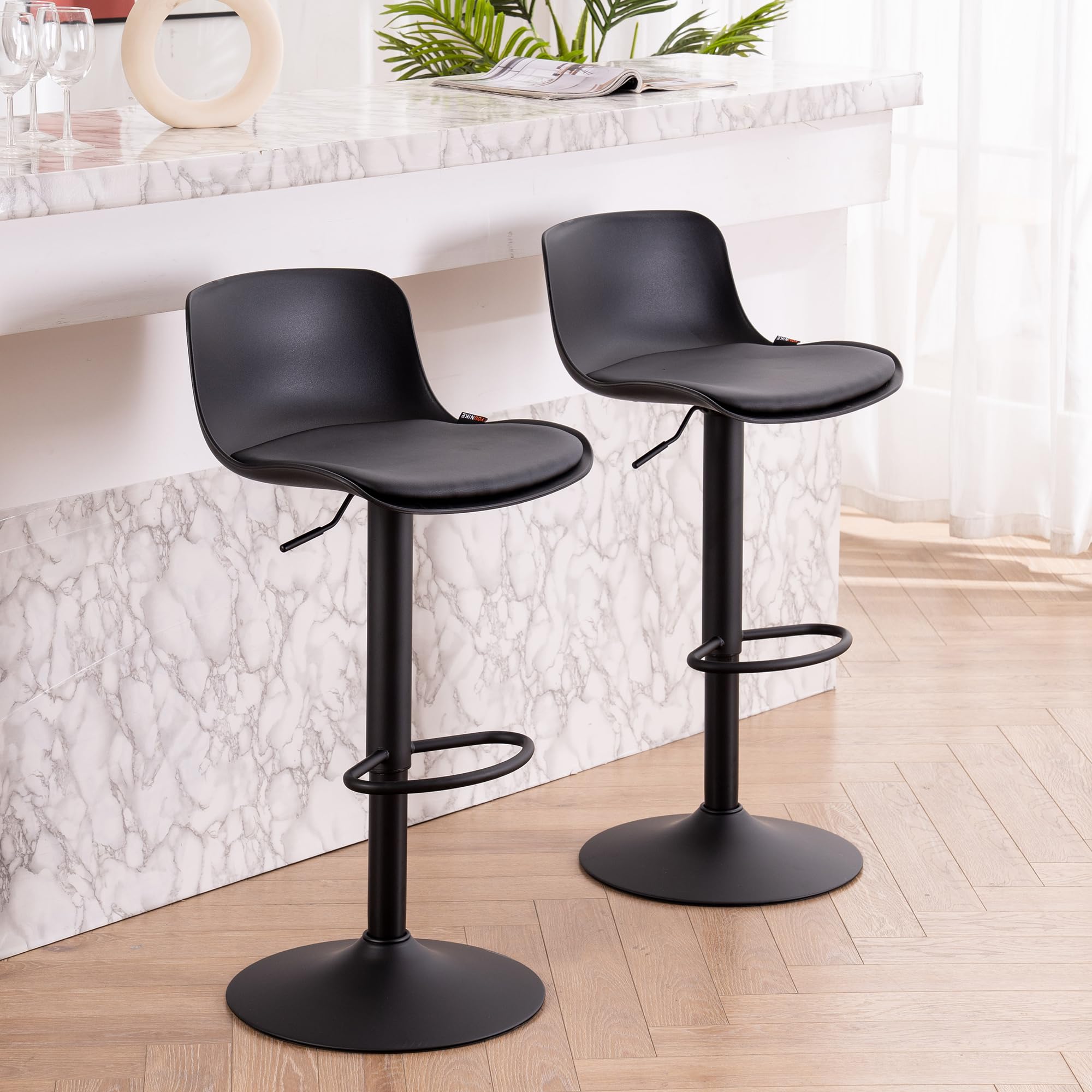YOUNIKE Barhocker 2er Set Schwarz, Höhenverstellbarer Dreh-Barstuhl mit Rückenlehne, Hohe Barstühle als Küchenstuhl Tresenstuhl, Praktische Barhocker für Bartheke Küche Essbereich