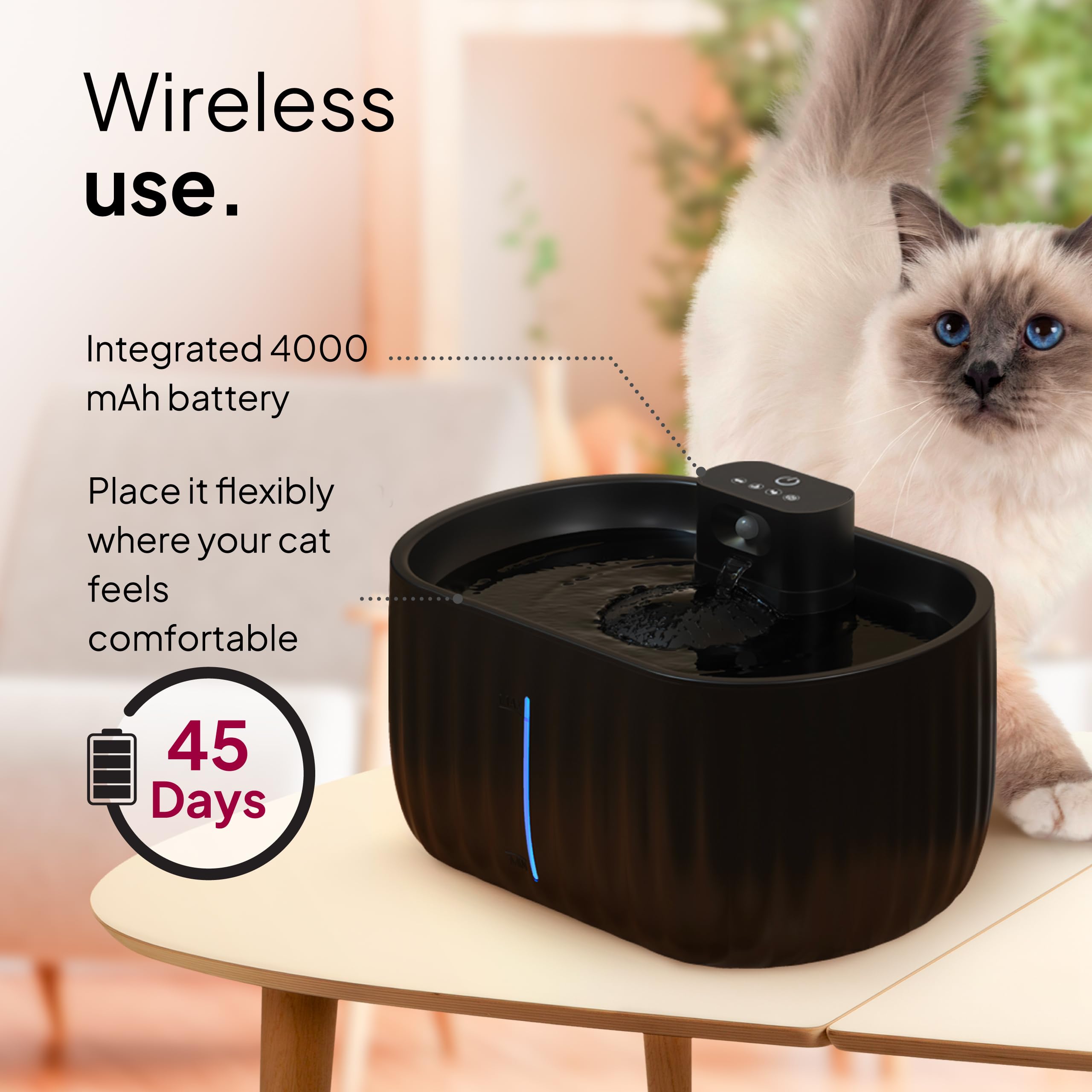 Pretty Paw Fontanna Bezprzewodowa dla Kota 3L z Filtrem i Czujnikiem Ruchu - Ciche Poidło do Świeżej Wody, 3 Tryby Pracy, Akumulatorowe i Ładowane przez USB - Aqua Sense (Czarny)