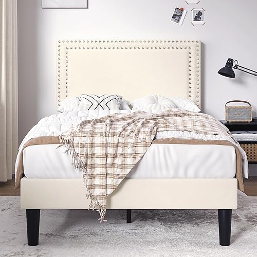 Miniatura 129 de VECELO Base de cama de tamaño matrimonial con cabecera tapizada ajustable, plataforma de listones de madera, diseño sin ruido, fácil montaje Negro