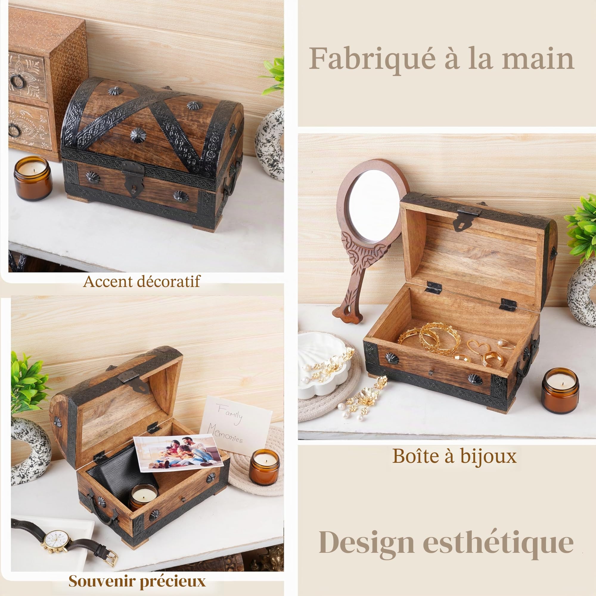 Ajuny Coffre à Bijoux Pirate en Bois de Manguier avec Serrure et Clé, Coffret au Trésor Vintage Fait Main Coquillages, Boîte de Rangement Bijoux Souvenirs Bibelots, 9 x 6 Pouces