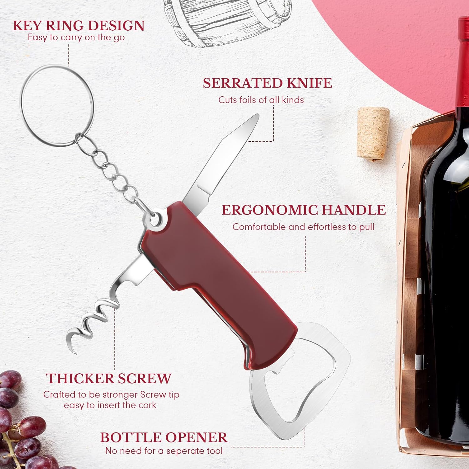 24 Pcs Bottle Opener Keychain Bulk Wine Bottle Beer Opener Keychain 3.27" Stainless Steel Corkscrew Waiter Corkscrew Wine Keyring Gifts for Christmas Bar Party Wedding Home (Red) - Image 2